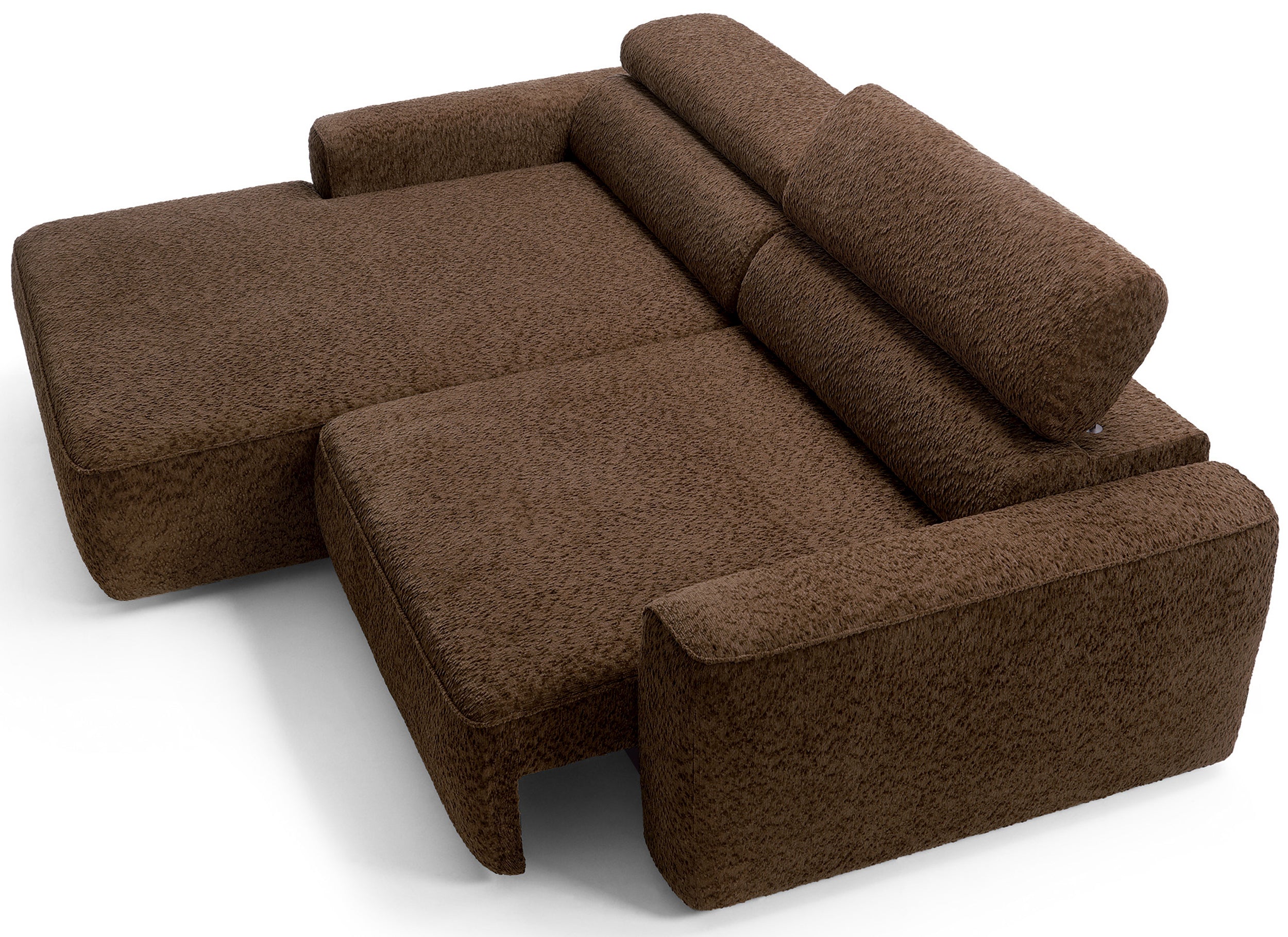 Ecksofa Fando mit elektrisch ausziehbarer Sitzfläche, L-förmig, linksseitig, braunes Chenille