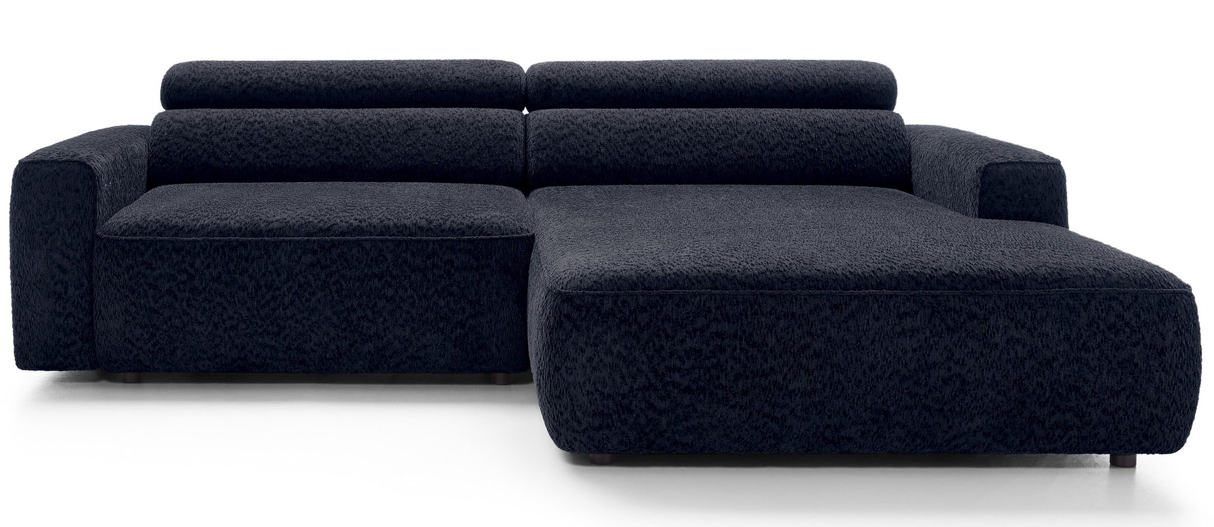 Ecksofa Fando mit elektrisch ausziehbarer Sitzfläche, L-förmig, rechtsseitig, marineblauer Chenille-Stoff