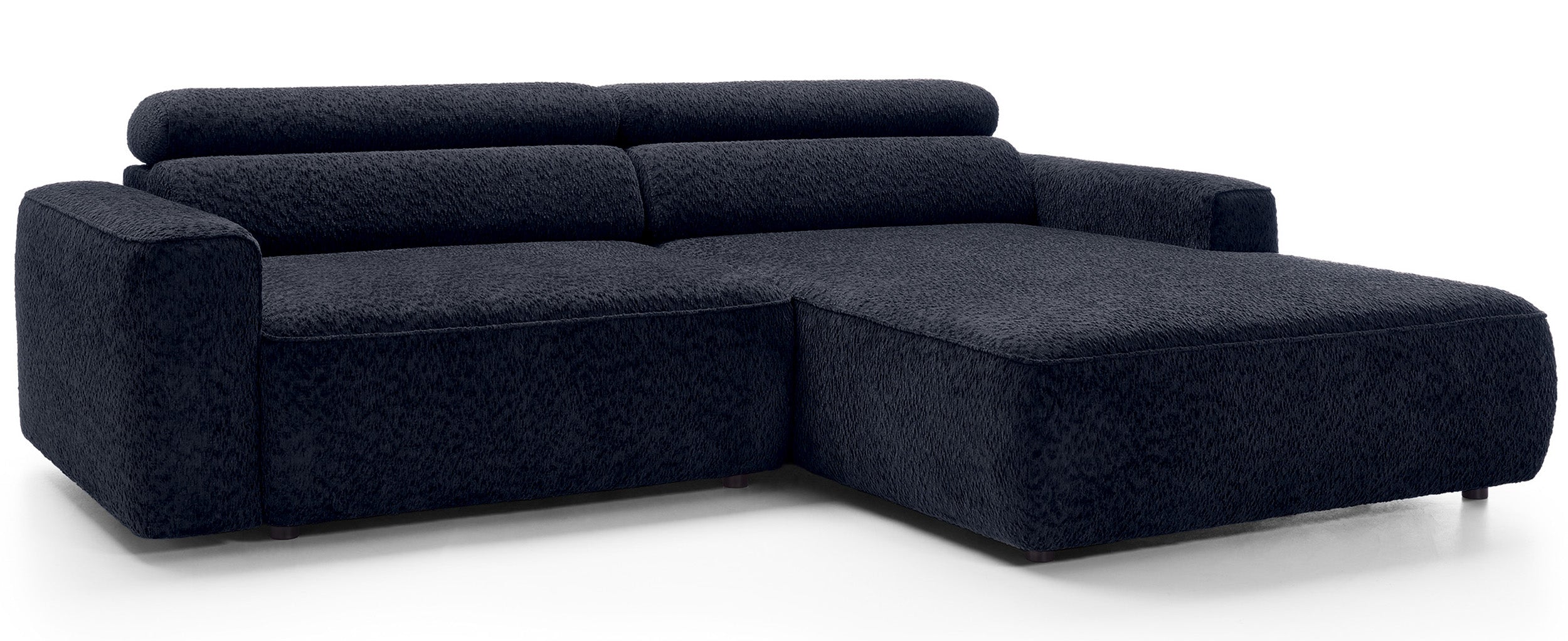 Ecksofa Fando mit elektrisch ausziehbarer Sitzfläche, L-förmig, rechtsseitig, marineblauer Chenille-Stoff
