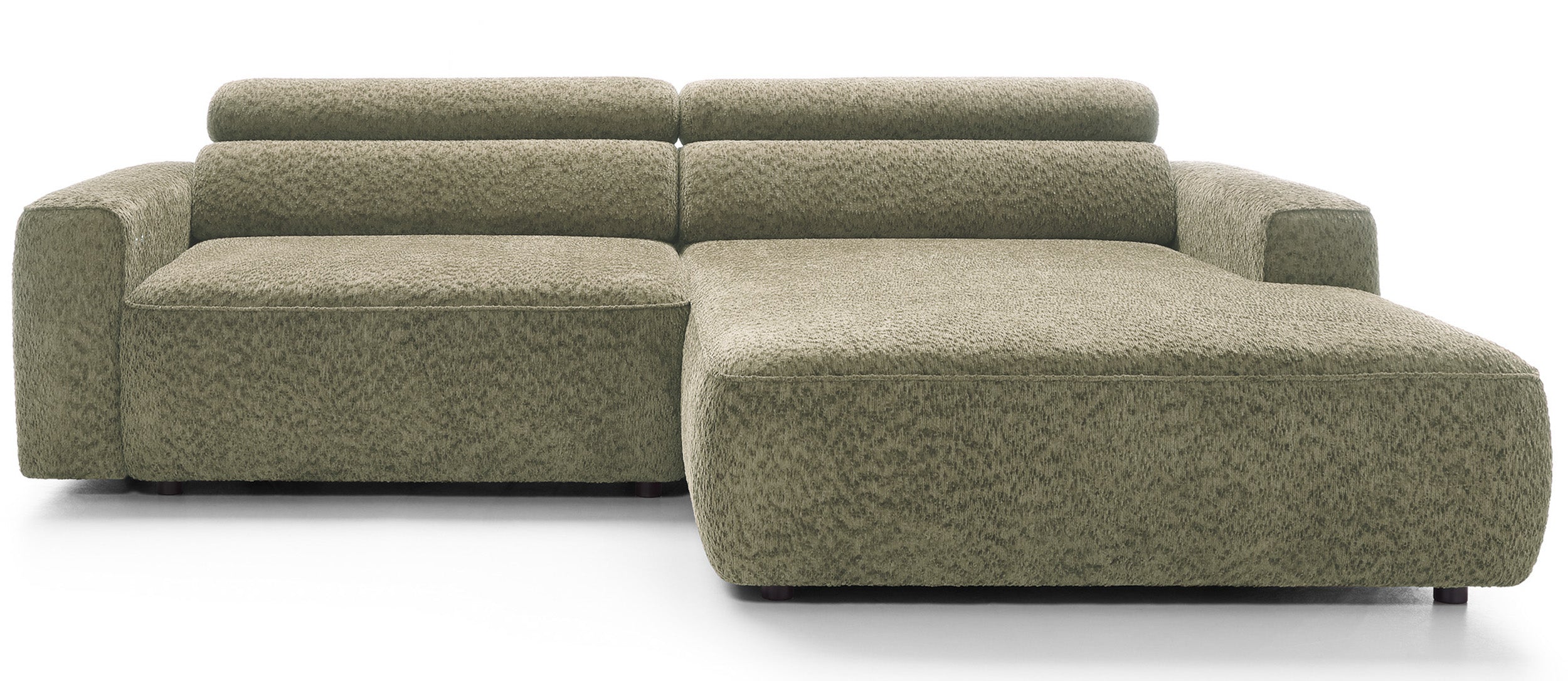 Ecksofa Fando mit elektrisch ausziehbarem Sitz, L-förmig, rechtsseitig, salbeigrüner Chenille-Stoff
