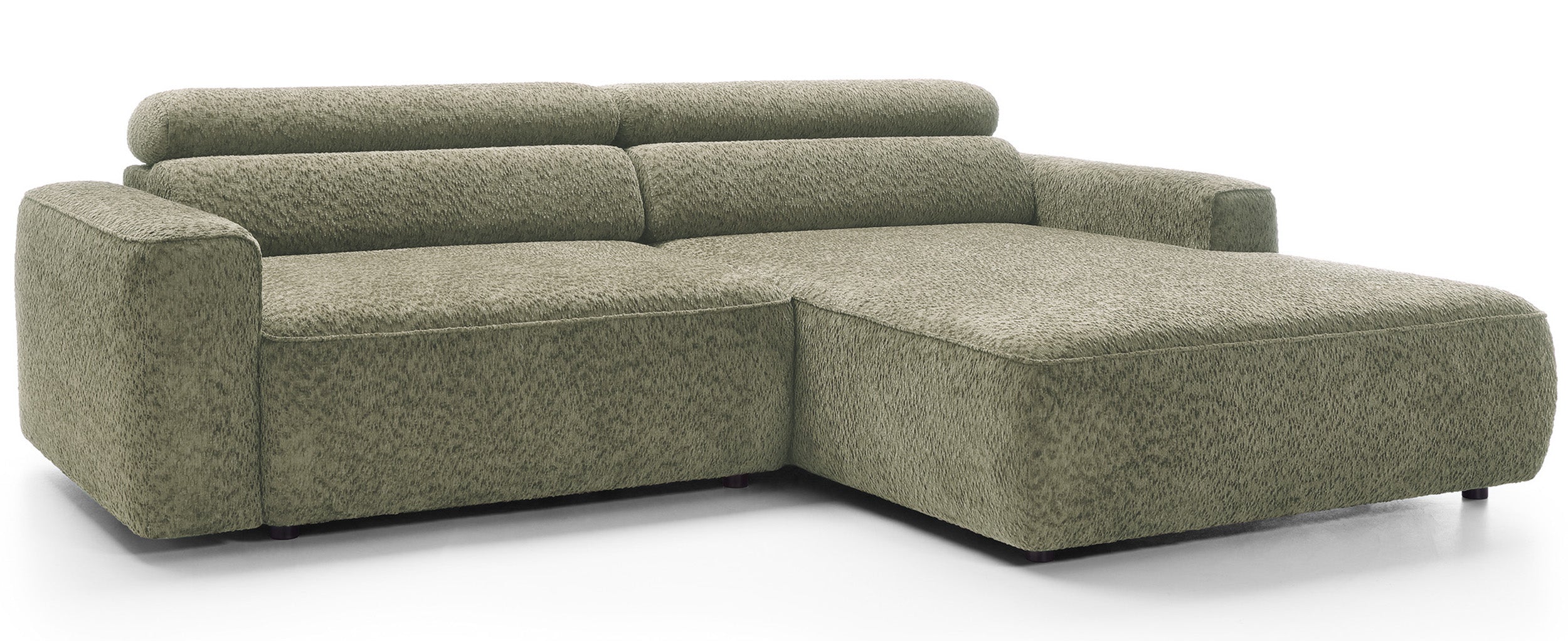 Ecksofa Fando mit elektrisch ausziehbarem Sitz, L-förmig, rechtsseitig, salbeigrüner Chenille-Stoff