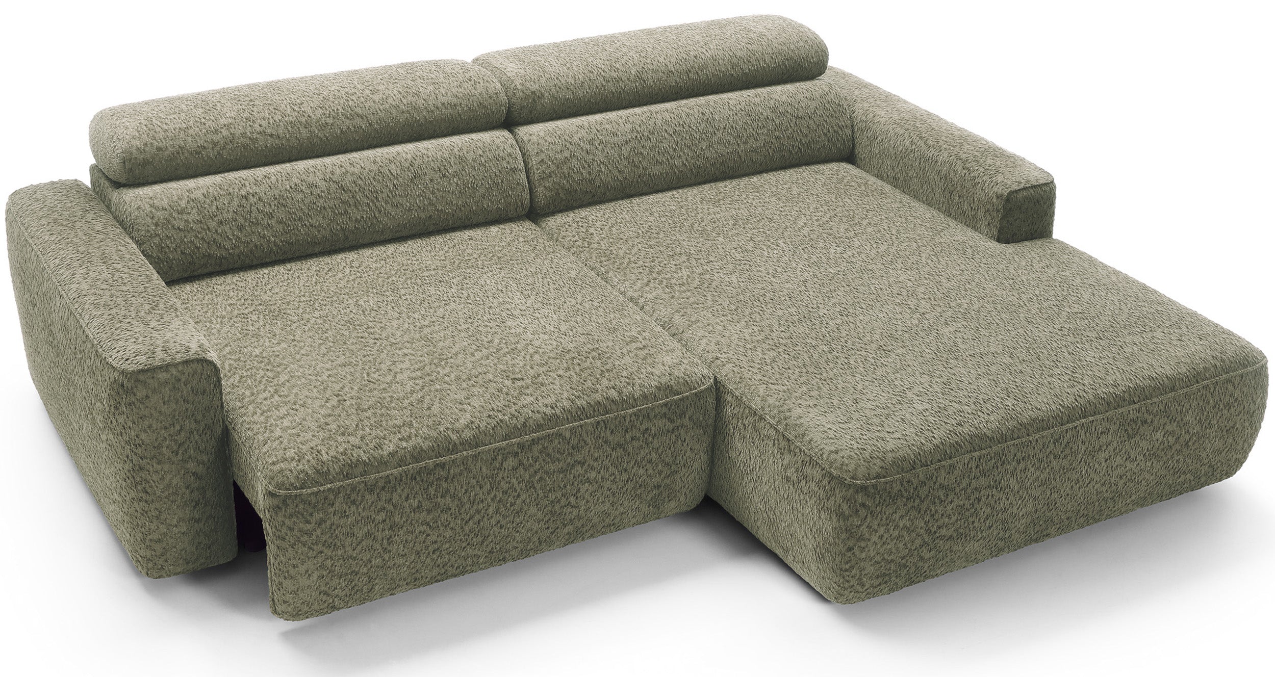 Ecksofa Fando mit elektrisch ausziehbarem Sitz, L-förmig, rechtsseitig, salbeigrüner Chenille-Stoff