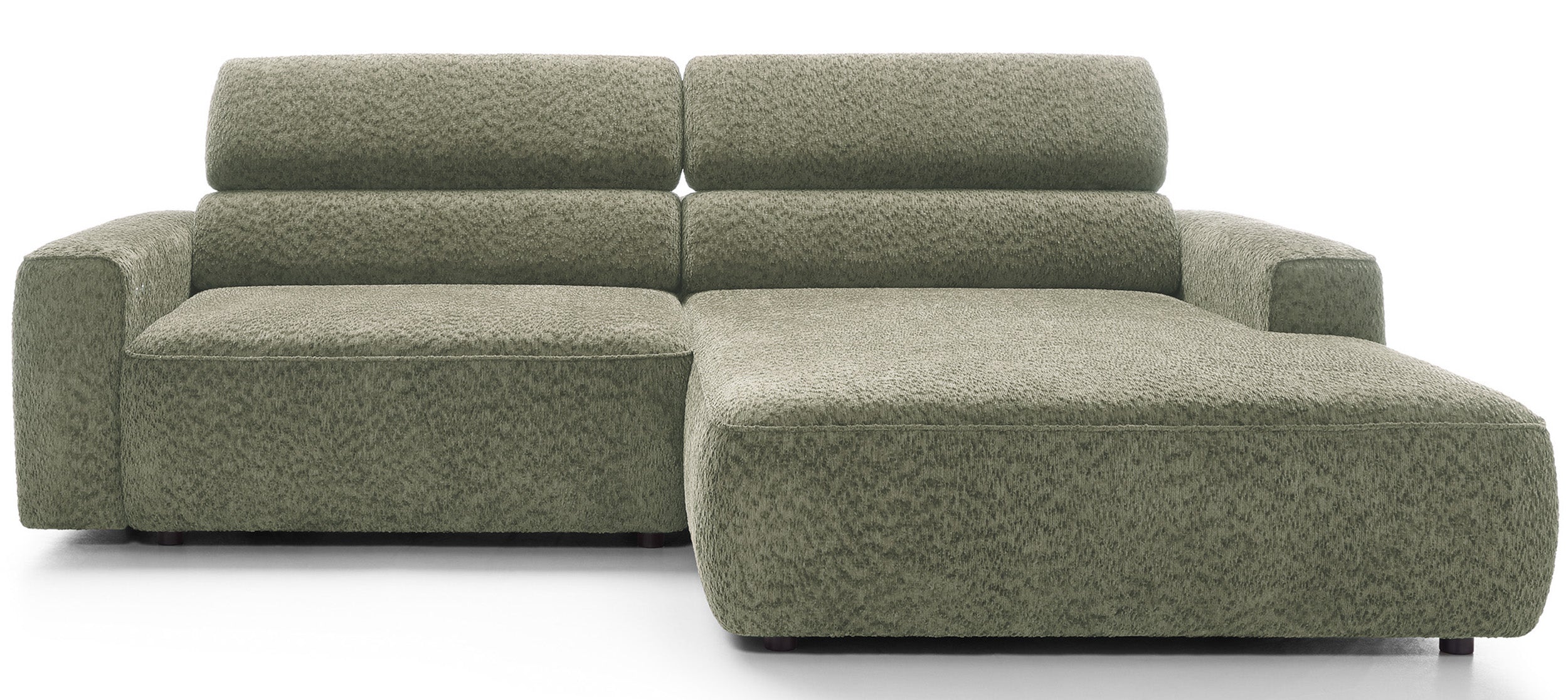 Ecksofa Fando mit elektrisch ausziehbarem Sitz, L-förmig, rechtsseitig, salbeigrüner Chenille-Stoff