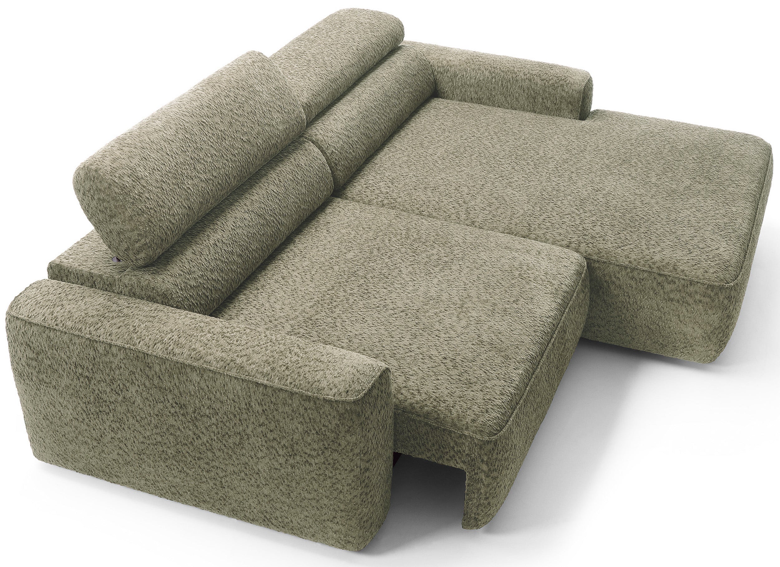 Ecksofa Fando mit elektrisch ausziehbarem Sitz, L-förmig, rechtsseitig, salbeigrüner Chenille-Stoff