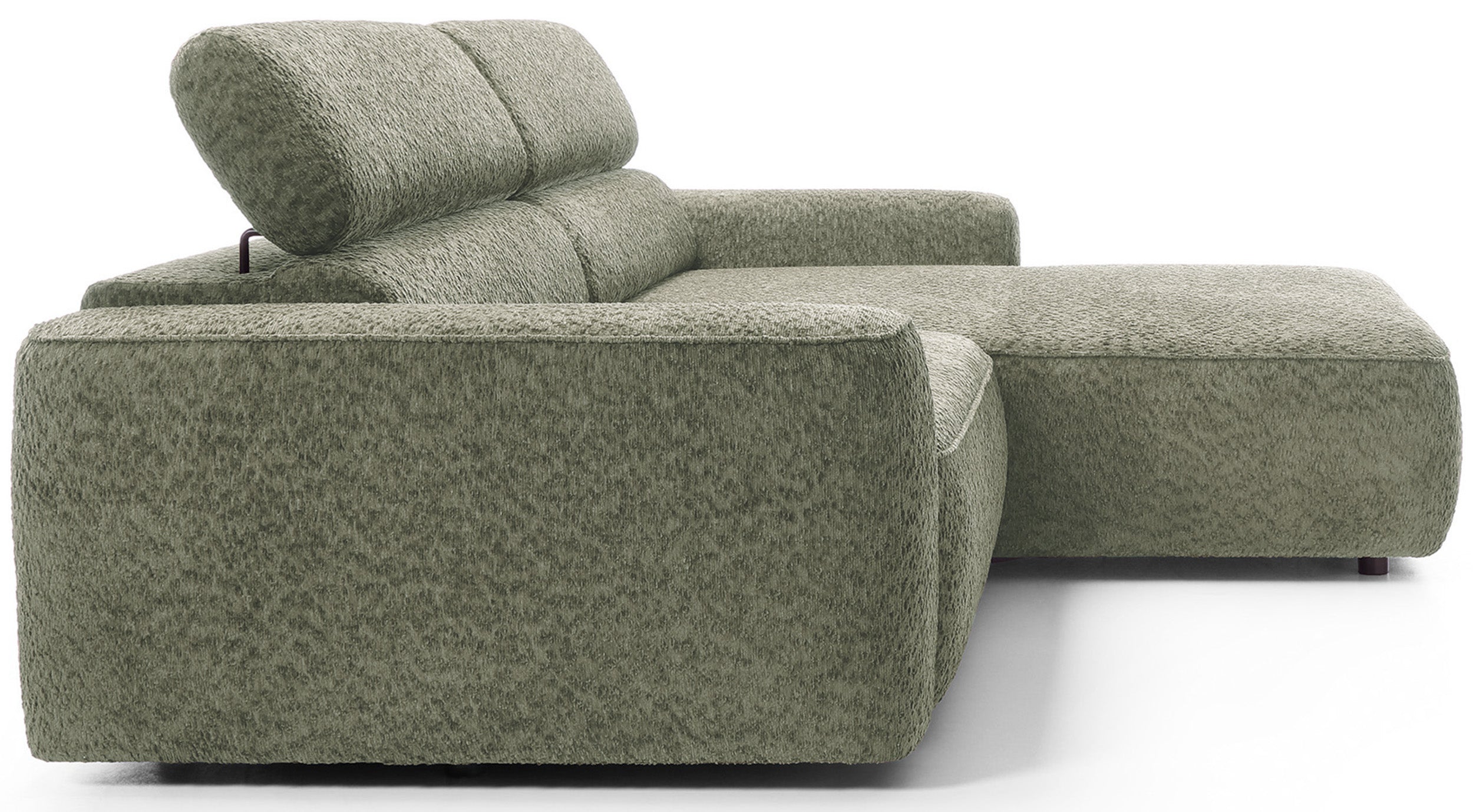 Ecksofa Fando mit elektrisch ausziehbarem Sitz, L-förmig, rechtsseitig, salbeigrüner Chenille-Stoff