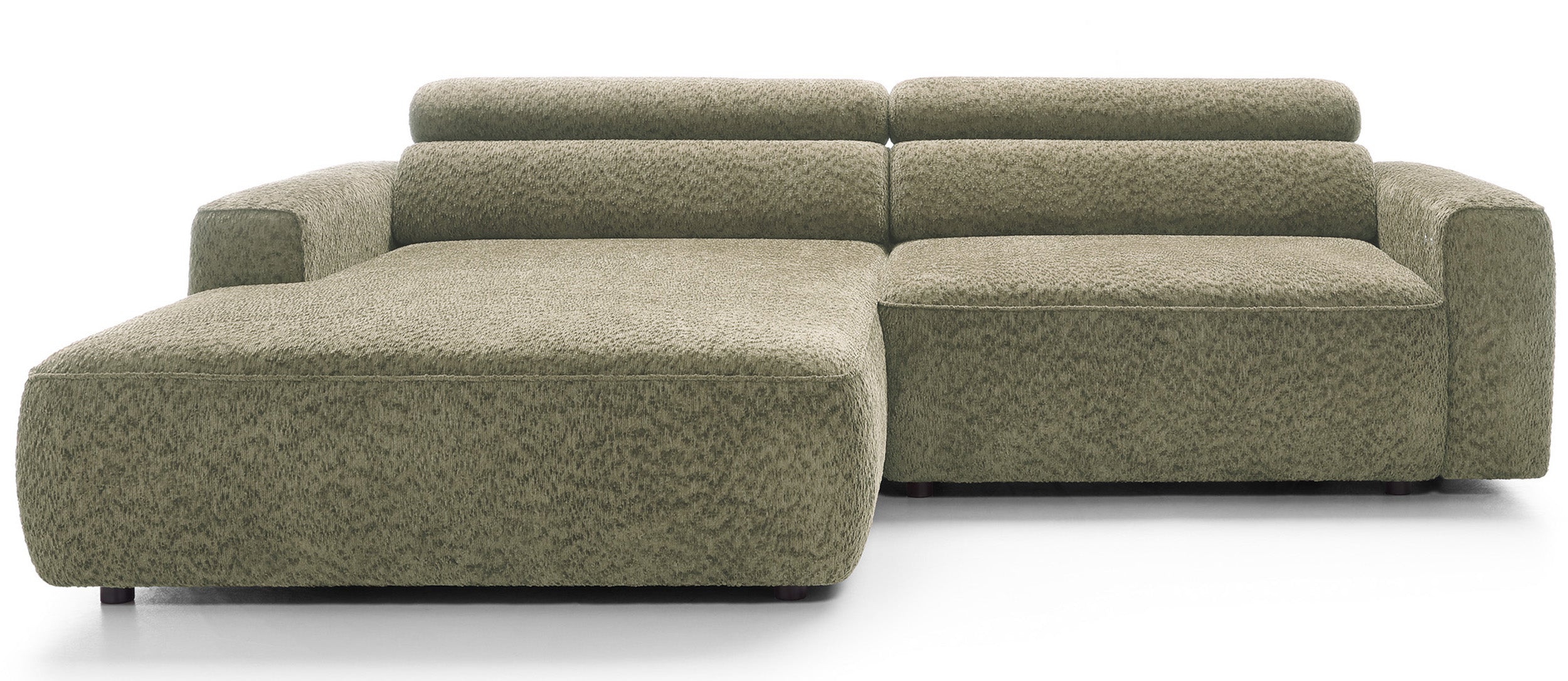 Ecksofa Fando mit elektrisch ausziehbarer Sitzfläche, L-förmig, linksseitig, salbeigrüner Chenillestoff