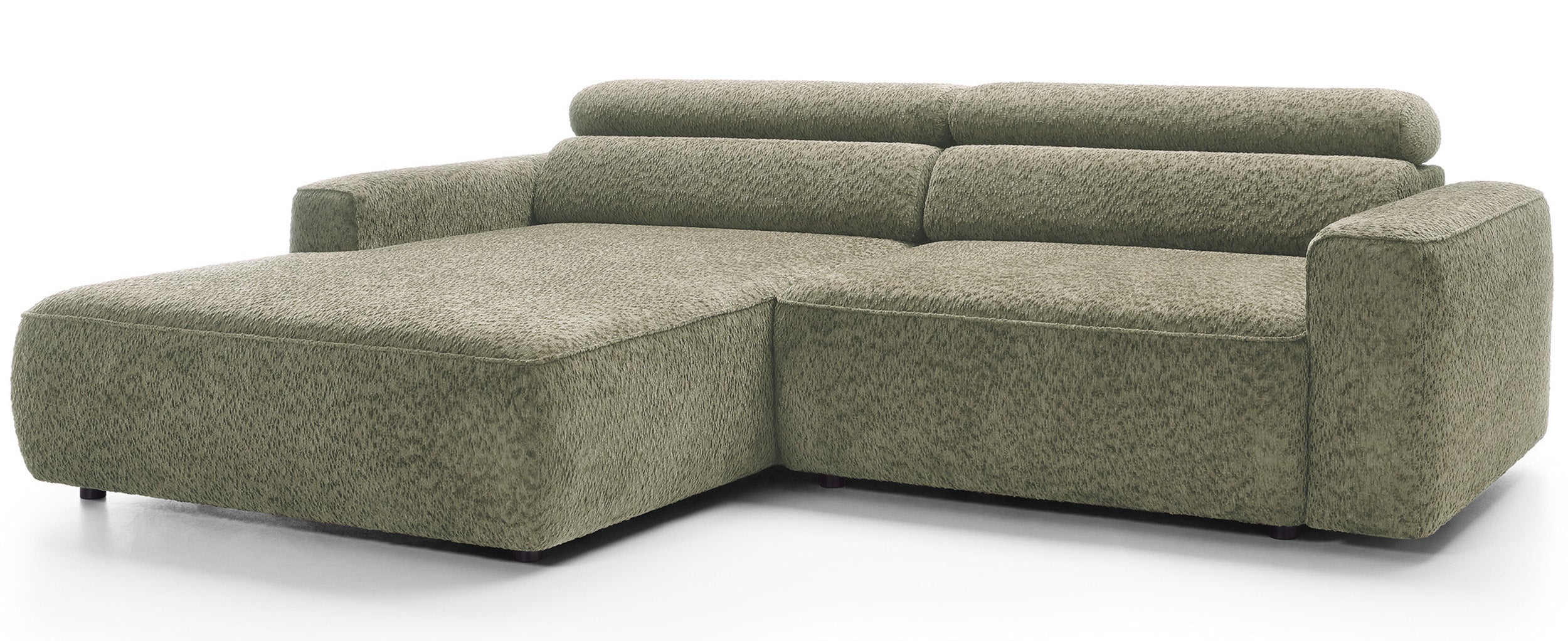 Ecksofa Fando mit elektrisch ausziehbarer Sitzfläche, L-förmig, linksseitig, salbeigrüner Chenillestoff