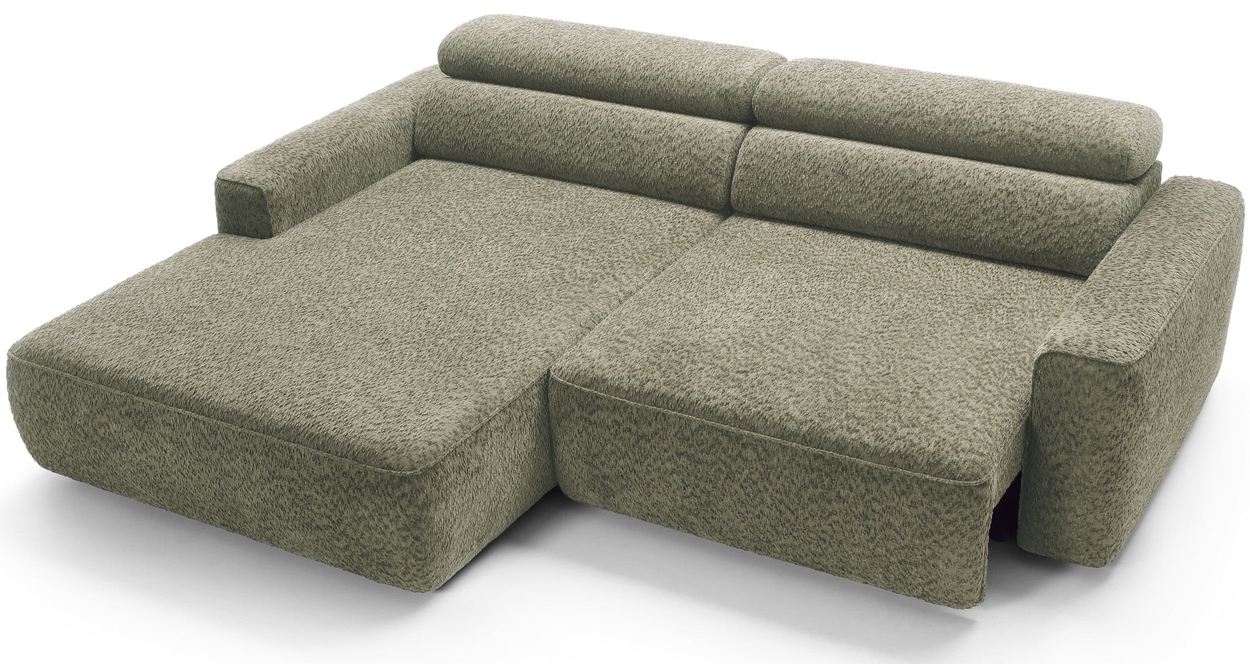 Ecksofa Fando mit elektrisch ausziehbarer Sitzfläche, L-förmig, linksseitig, salbeigrüner Chenillestoff