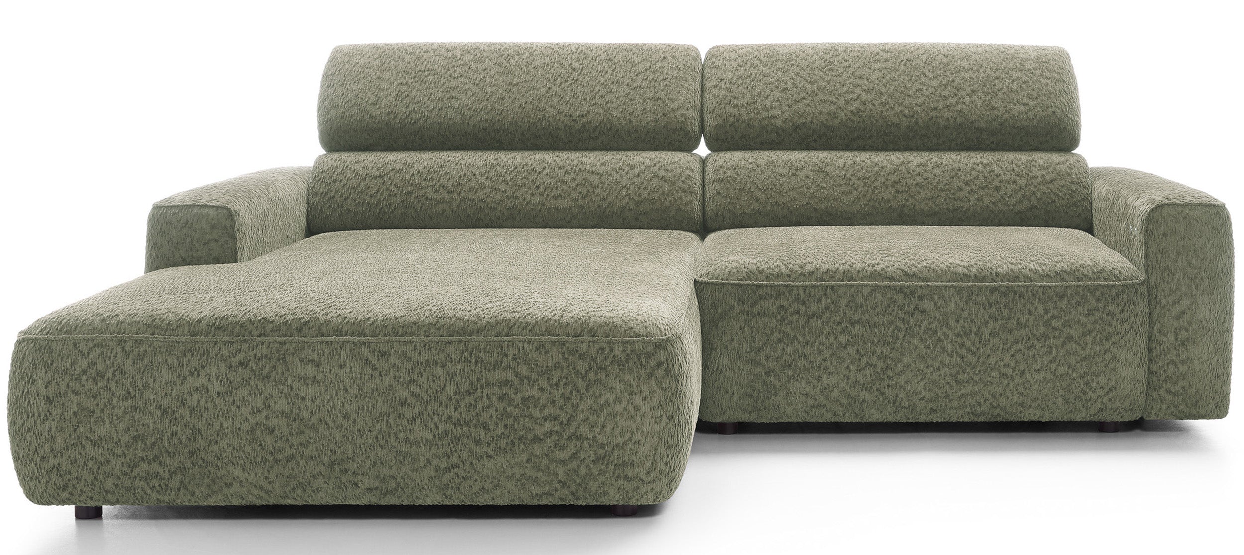 Ecksofa Fando mit elektrisch ausziehbarer Sitzfläche, L-förmig, linksseitig, salbeigrüner Chenillestoff