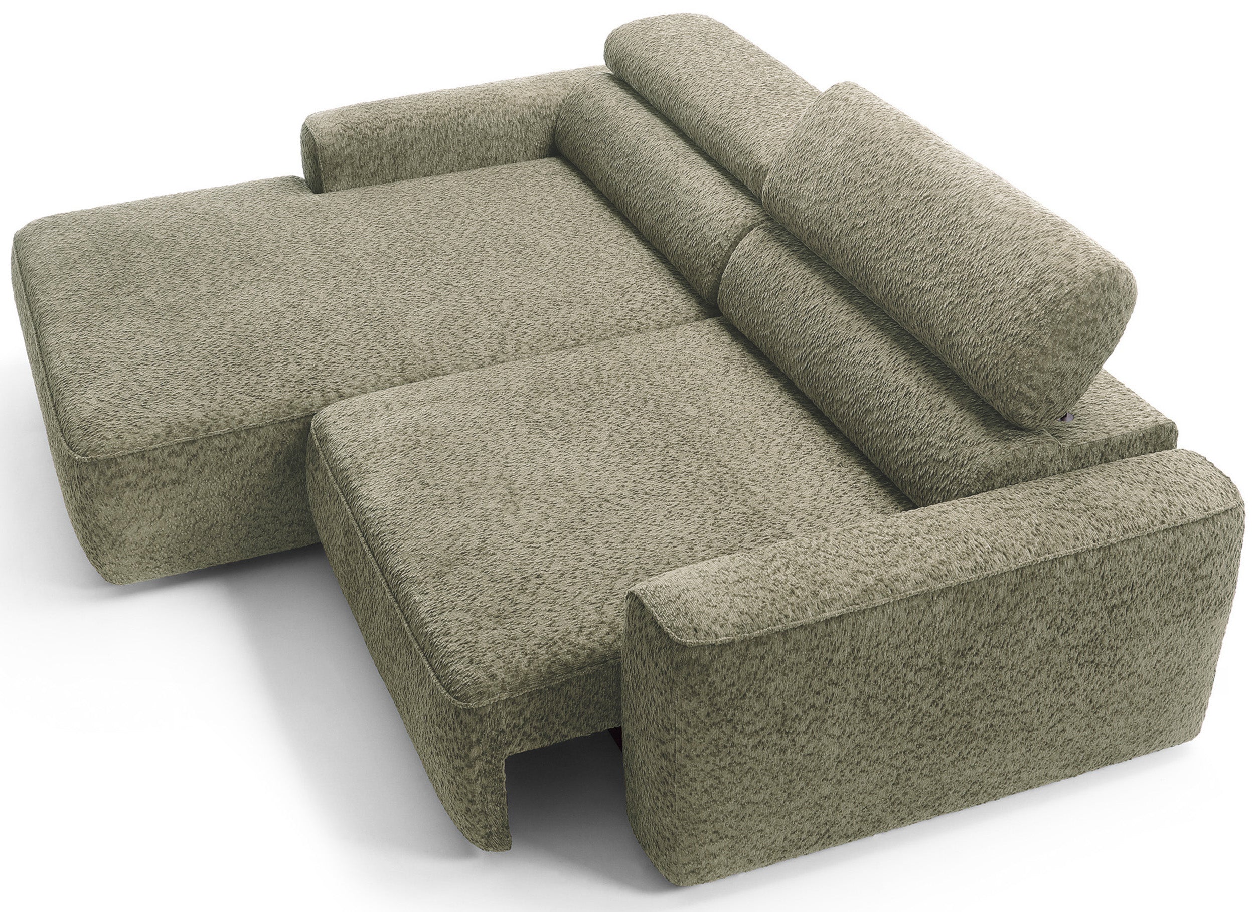 Ecksofa Fando mit elektrisch ausziehbarer Sitzfläche, L-förmig, linksseitig, salbeigrüner Chenillestoff