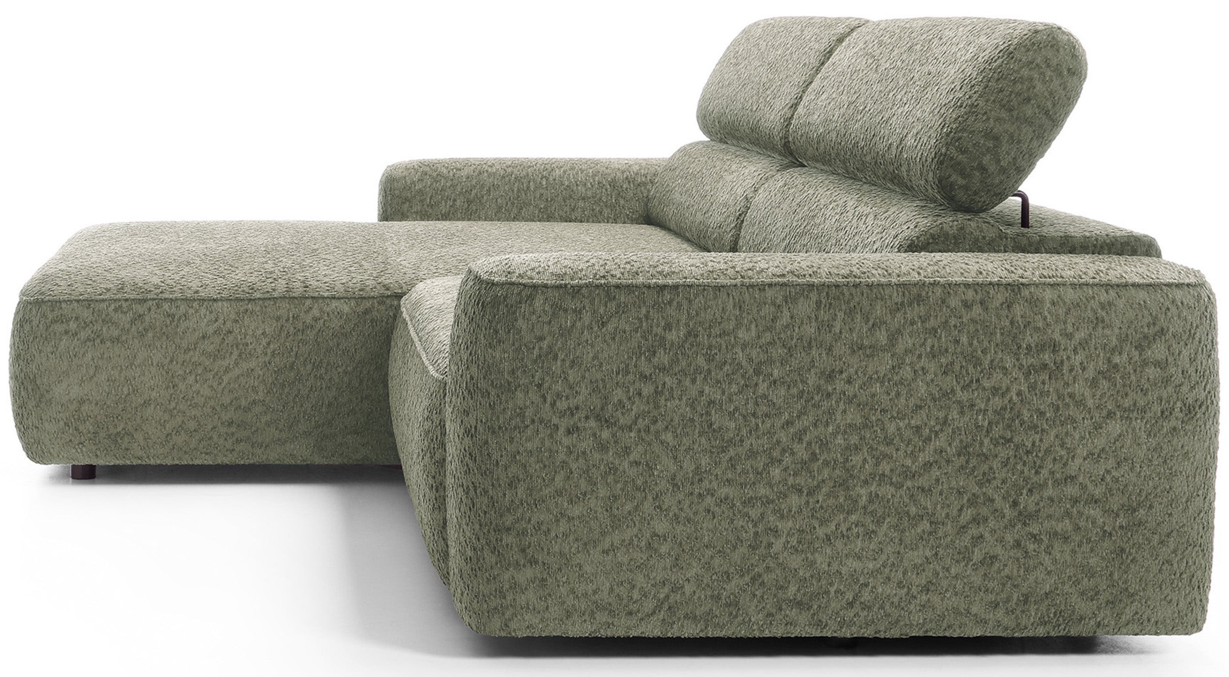 Ecksofa Fando mit elektrisch ausziehbarer Sitzfläche, L-förmig, linksseitig, salbeigrüner Chenillestoff