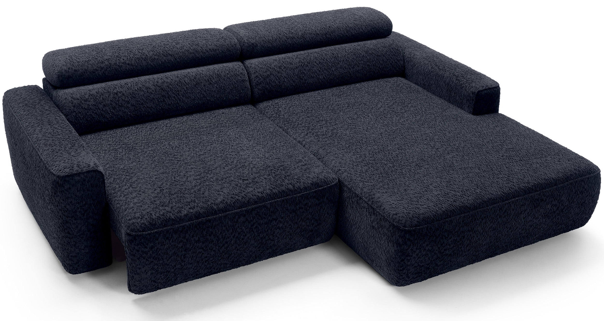 Ecksofa Fando mit elektrisch ausziehbarer Sitzfläche, L-förmig, rechtsseitig, marineblauer Chenille-Stoff