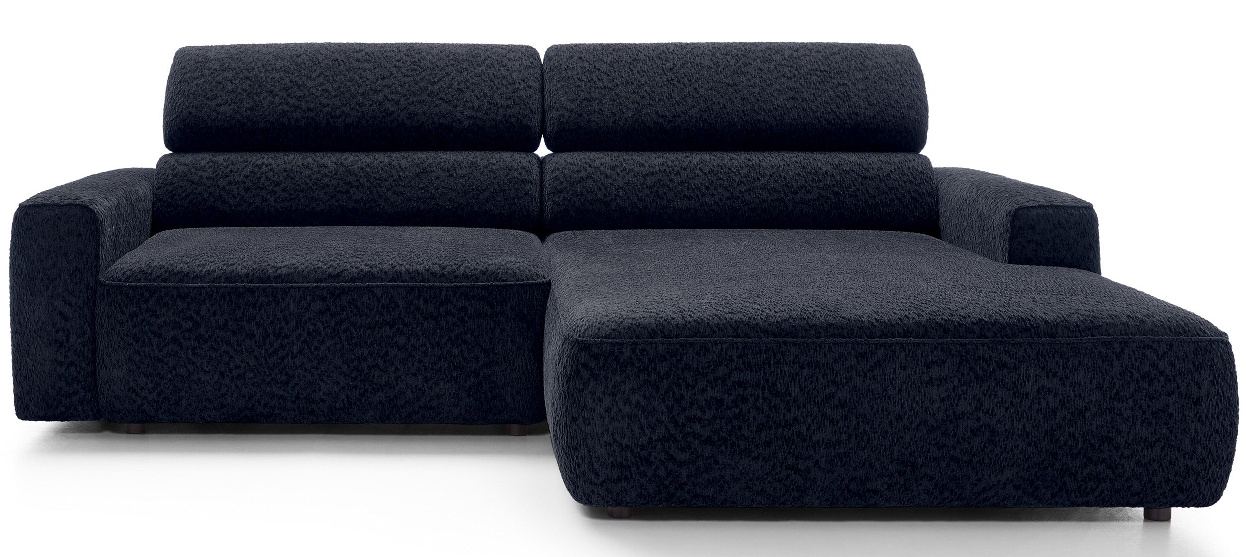 Ecksofa Fando mit elektrisch ausziehbarer Sitzfläche, L-förmig, rechtsseitig, marineblauer Chenille-Stoff