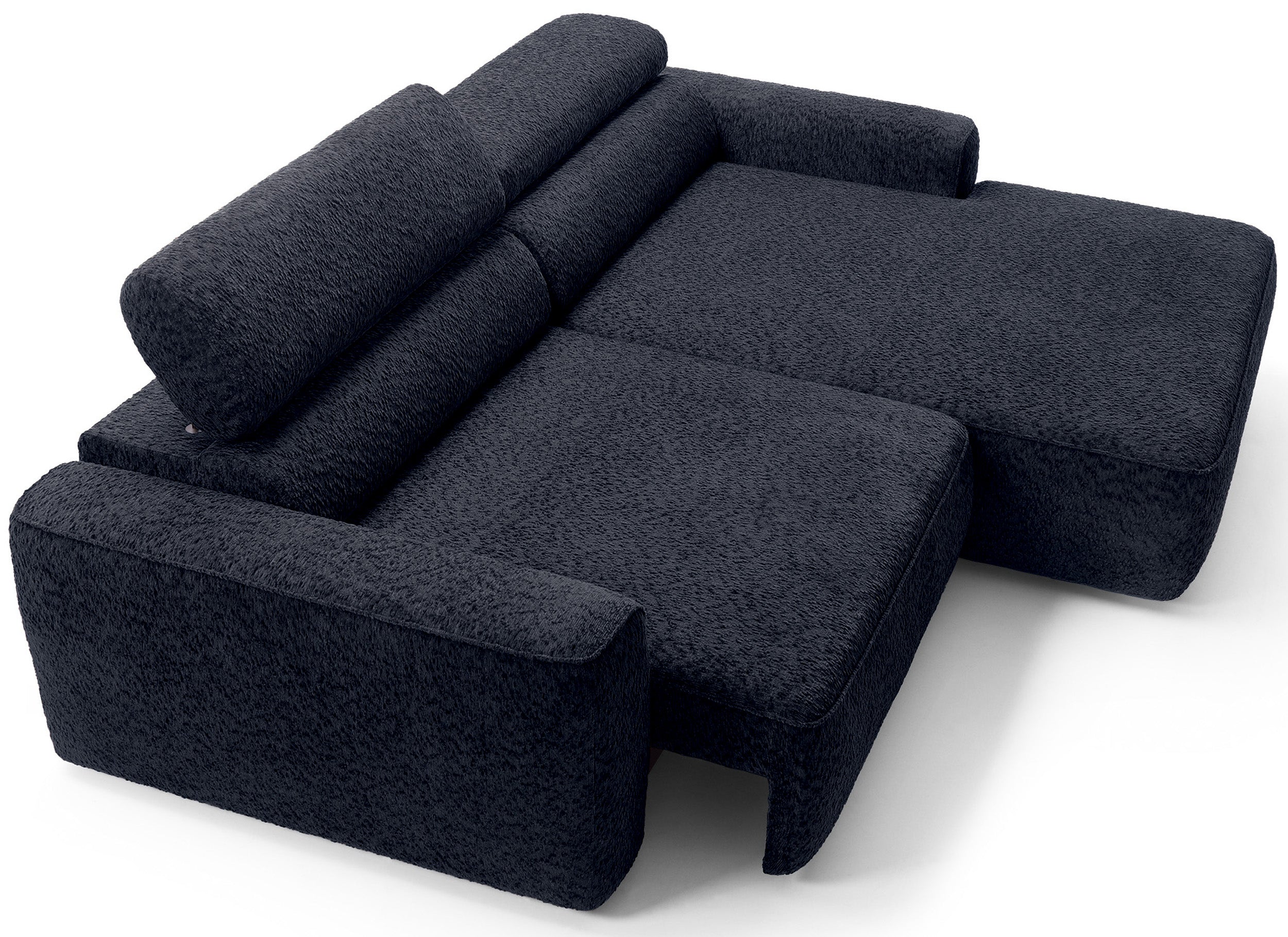 Ecksofa Fando mit elektrisch ausziehbarer Sitzfläche, L-förmig, rechtsseitig, marineblauer Chenille-Stoff