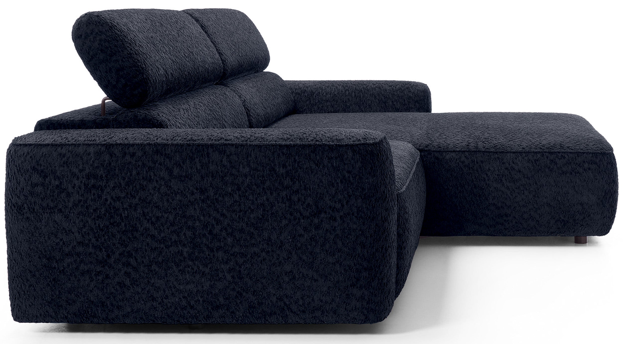 Ecksofa Fando mit elektrisch ausziehbarer Sitzfläche, L-förmig, rechtsseitig, marineblauer Chenille-Stoff