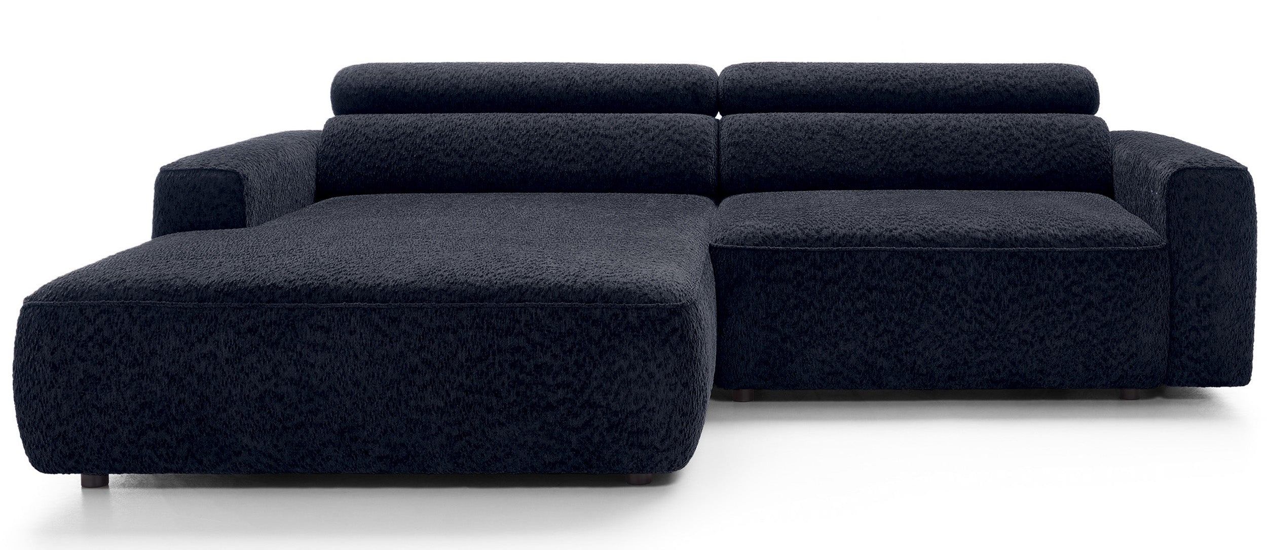 Ecksofa Fando mit elektrisch ausziehbarem Sitz, L-förmig, linksseitig, marineblauer Chenille-Stoff