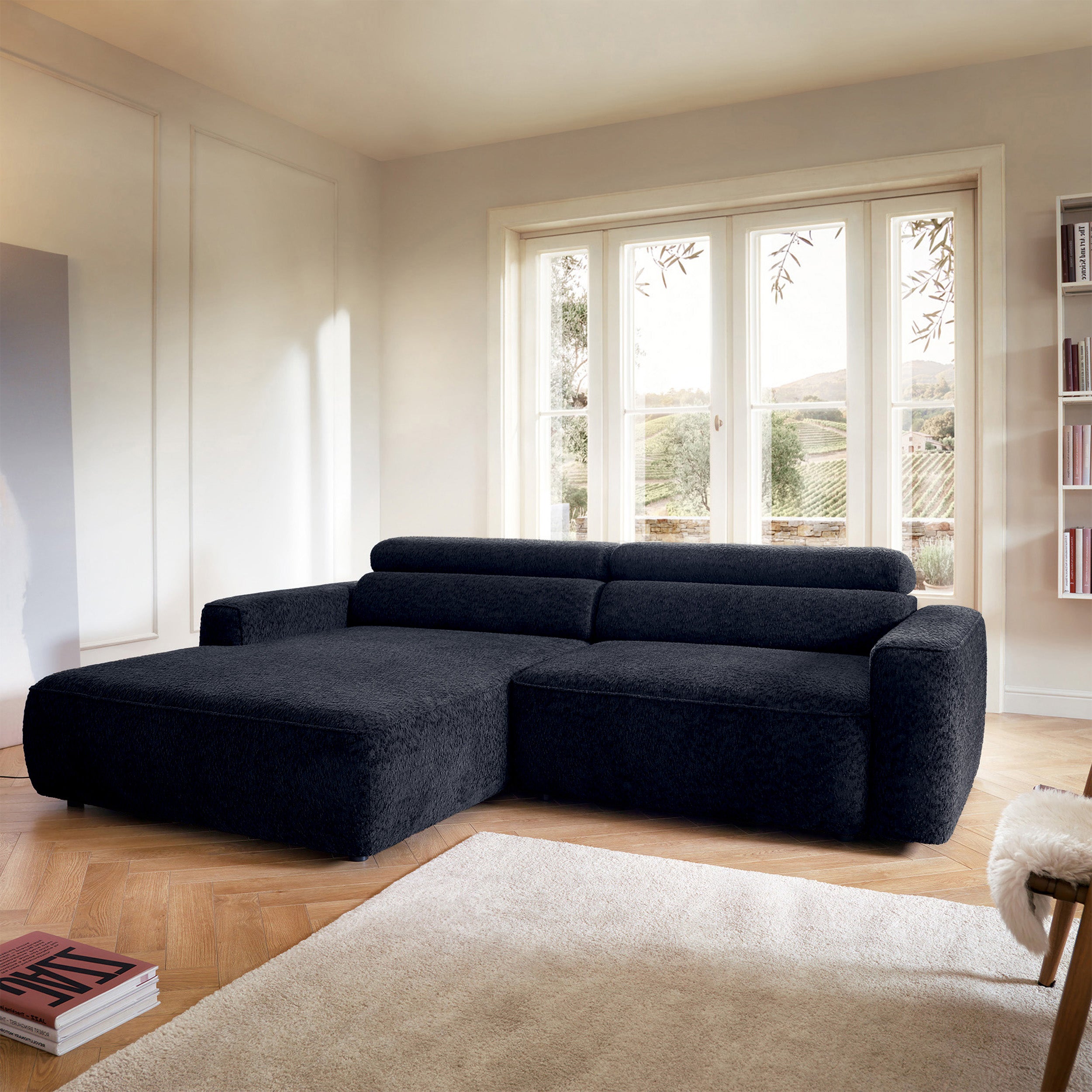 Ecksofa Fando mit elektrisch ausziehbarem Sitz, L-förmig, linksseitig, marineblauer Chenille-Stoff