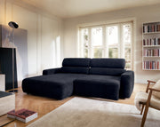Ecksofa Fando mit elektrisch ausziehbarem Sitz, L-förmig, linksseitig, marineblauer Chenille-Stoff