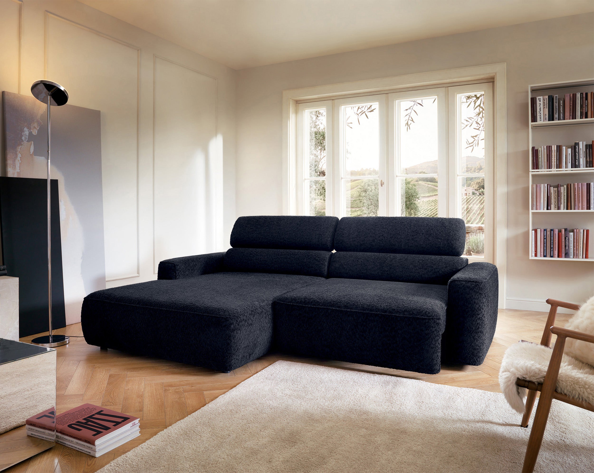Ecksofa Fando mit elektrisch ausziehbarem Sitz, L-förmig, linksseitig, marineblauer Chenille-Stoff