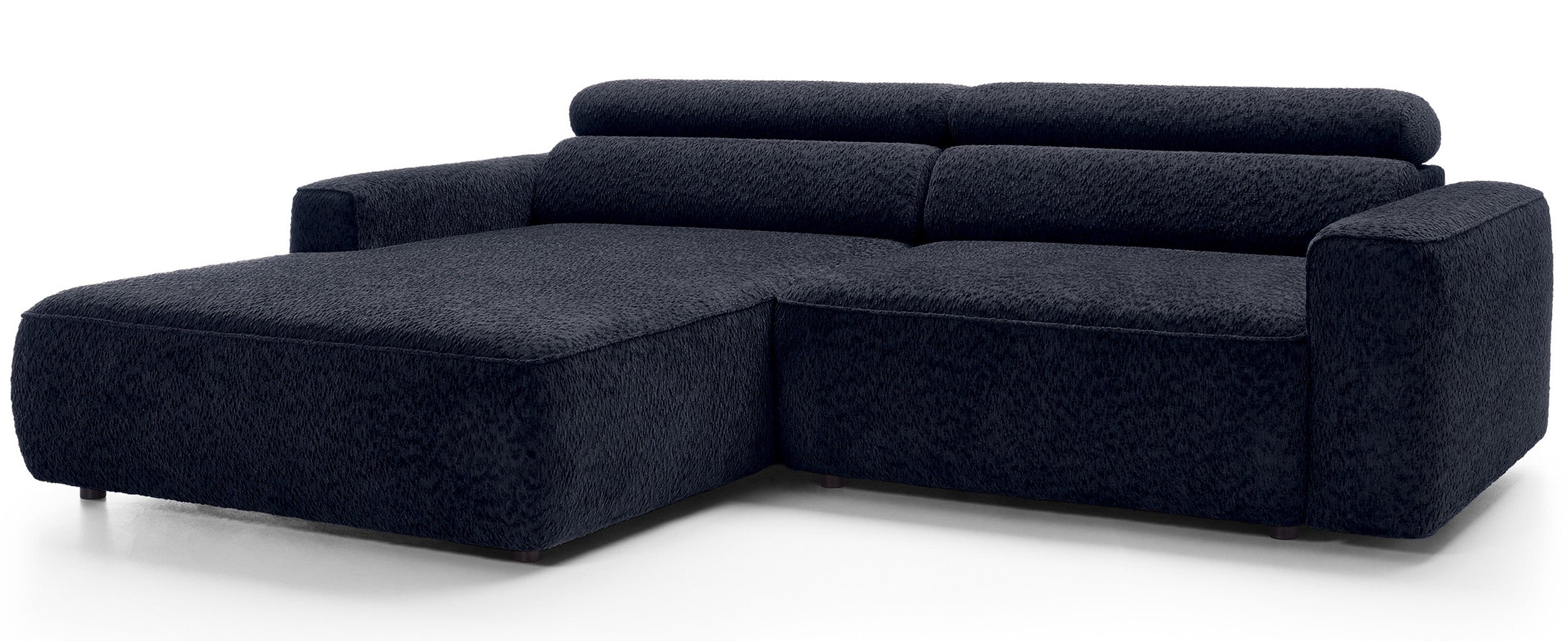 Ecksofa Fando mit elektrisch ausziehbarem Sitz, L-förmig, linksseitig, marineblauer Chenille-Stoff