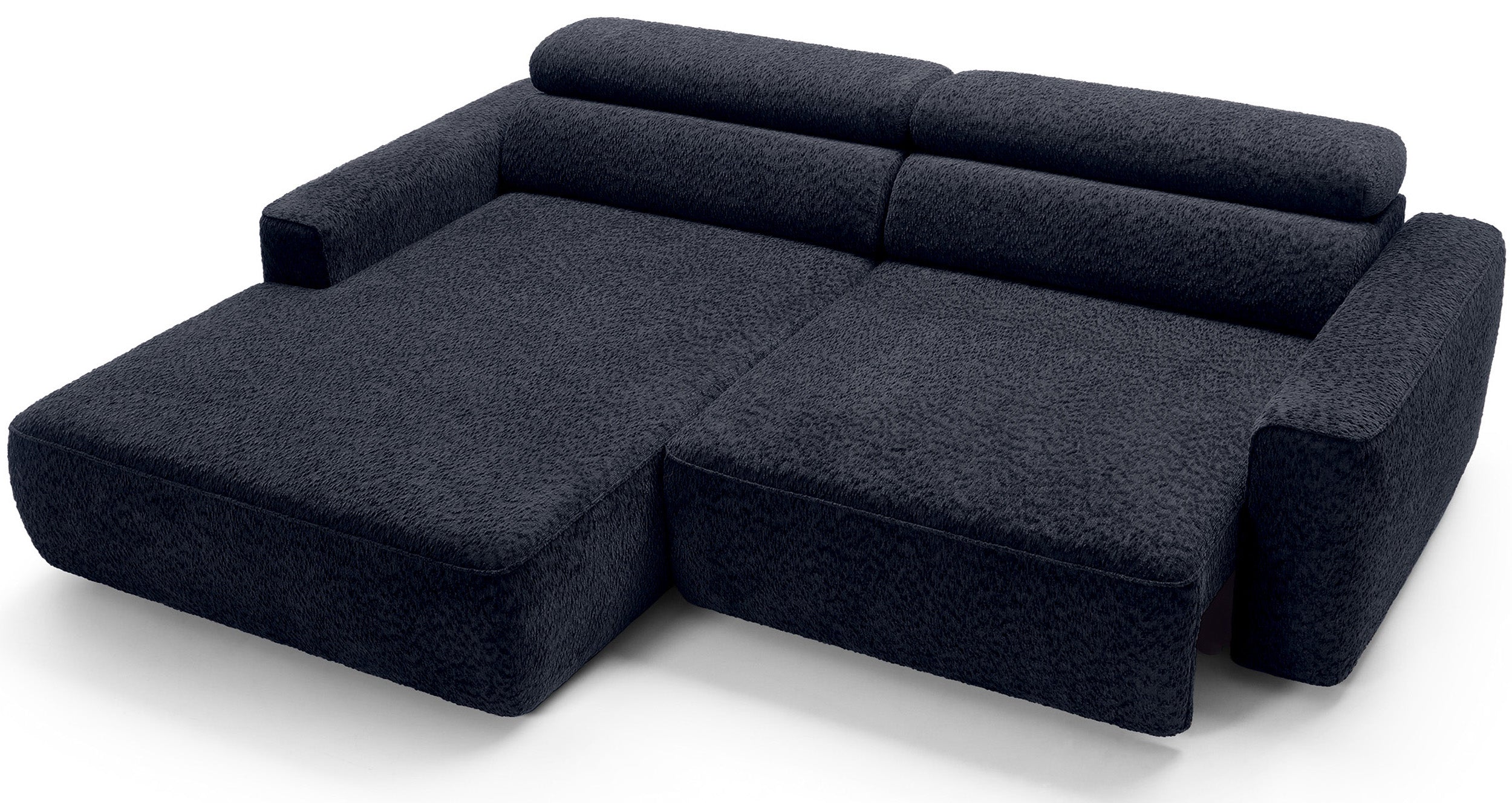 Ecksofa Fando mit elektrisch ausziehbarem Sitz, L-förmig, linksseitig, marineblauer Chenille-Stoff