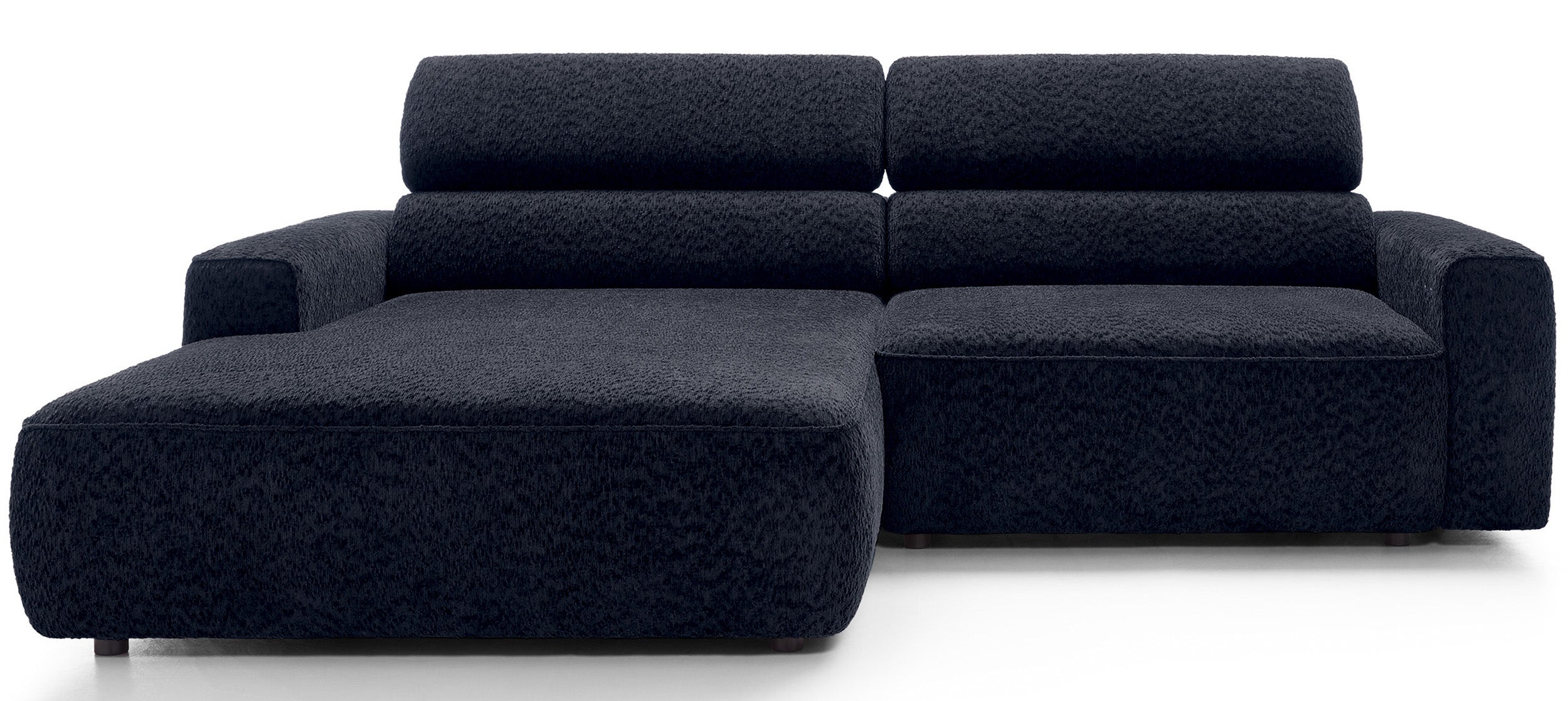 Ecksofa Fando mit elektrisch ausziehbarem Sitz, L-förmig, linksseitig, marineblauer Chenille-Stoff