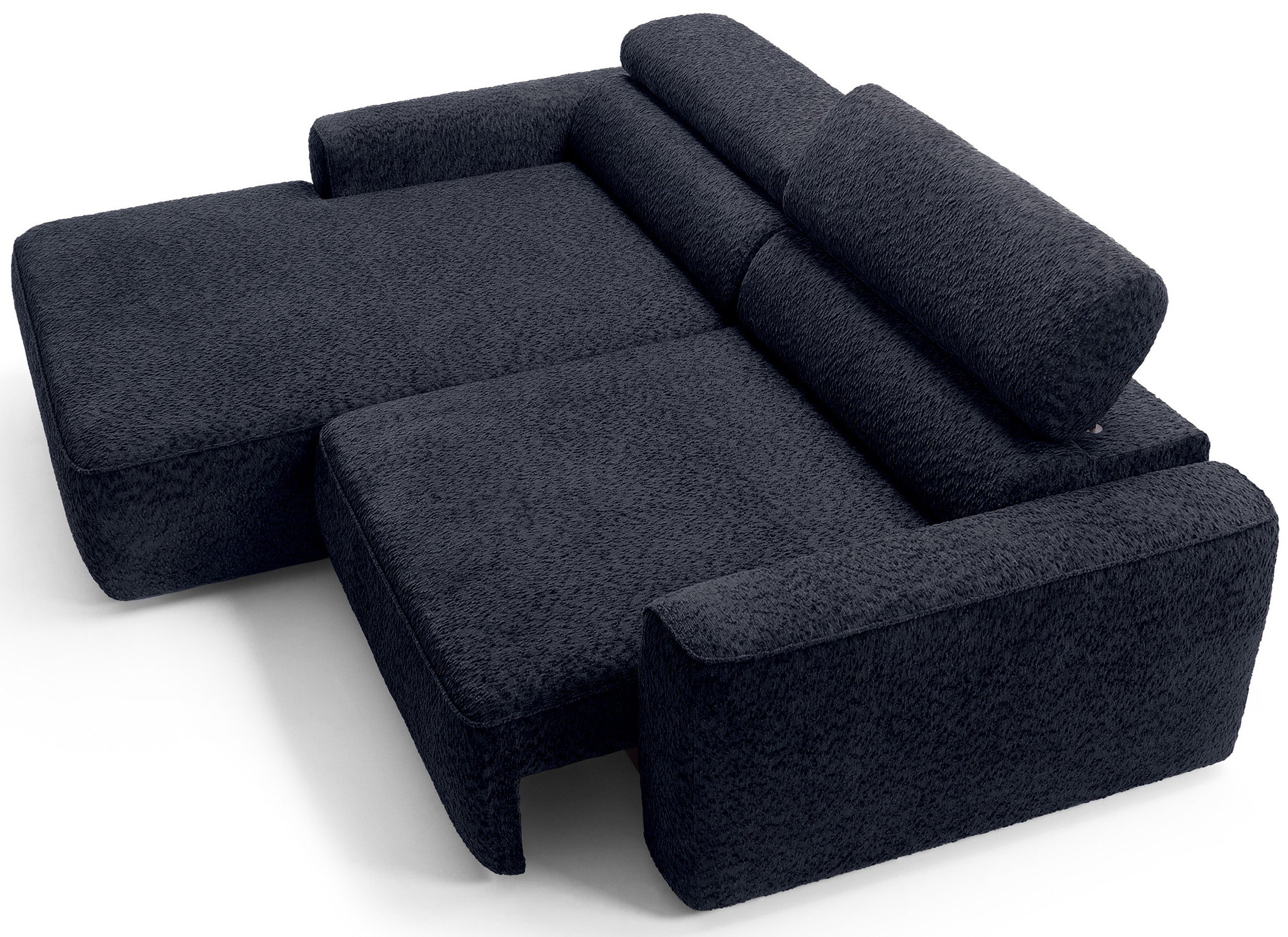 Ecksofa Fando mit elektrisch ausziehbarem Sitz, L-förmig, linksseitig, marineblauer Chenille-Stoff