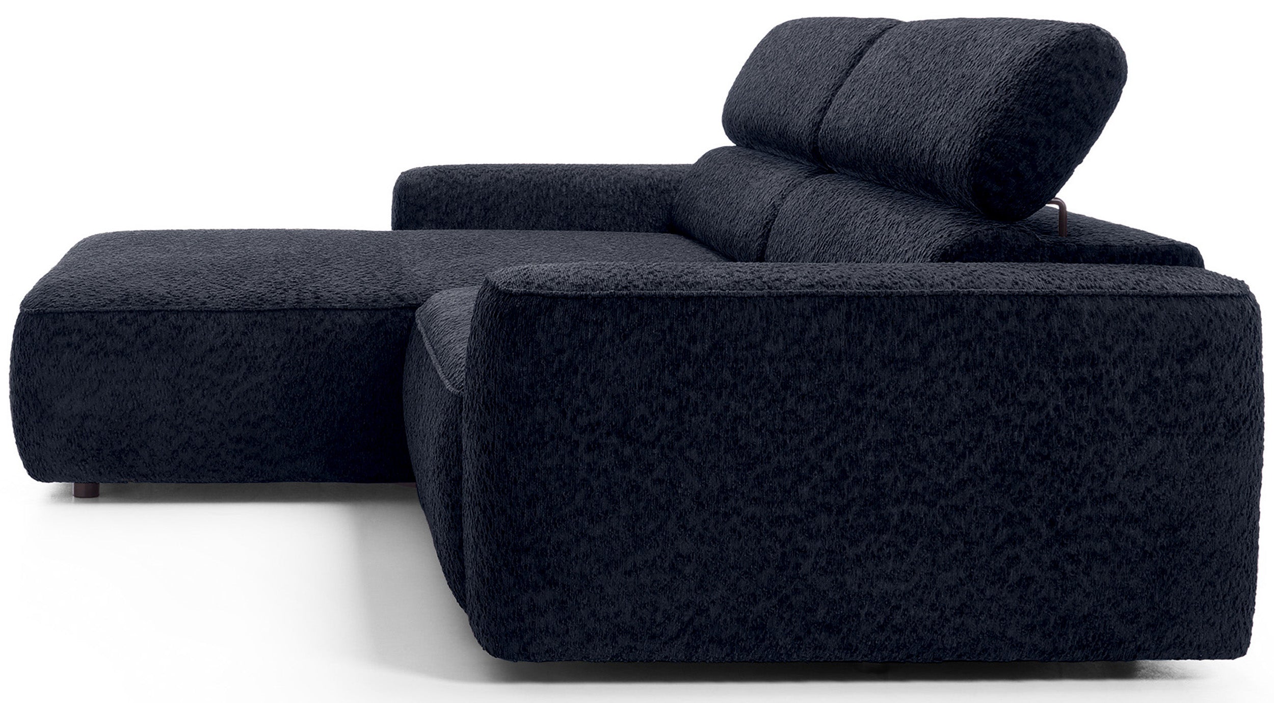 Ecksofa Fando mit elektrisch ausziehbarem Sitz, L-förmig, linksseitig, marineblauer Chenille-Stoff