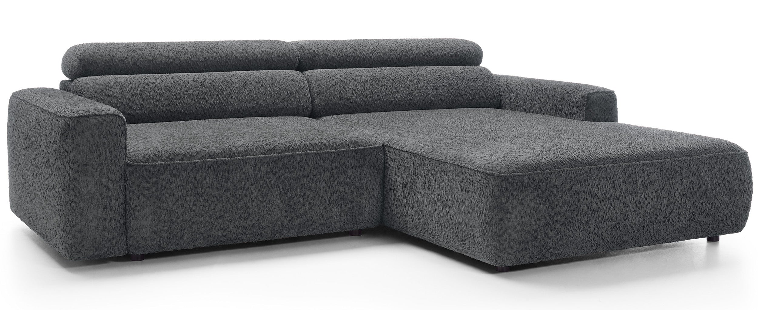 Ecksofa Fando mit elektrisch ausziehbarer Sitzfläche, L-förmig, rechtsseitig, dunkelgrauer Chenille-Stoff