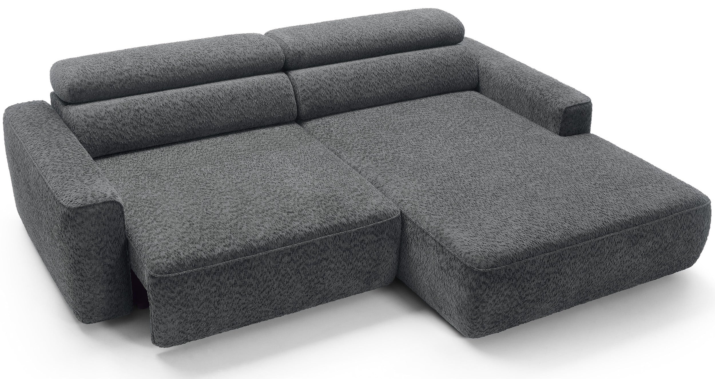 Ecksofa Fando mit elektrisch ausziehbarer Sitzfläche, L-förmig, rechtsseitig, dunkelgrauer Chenille-Stoff