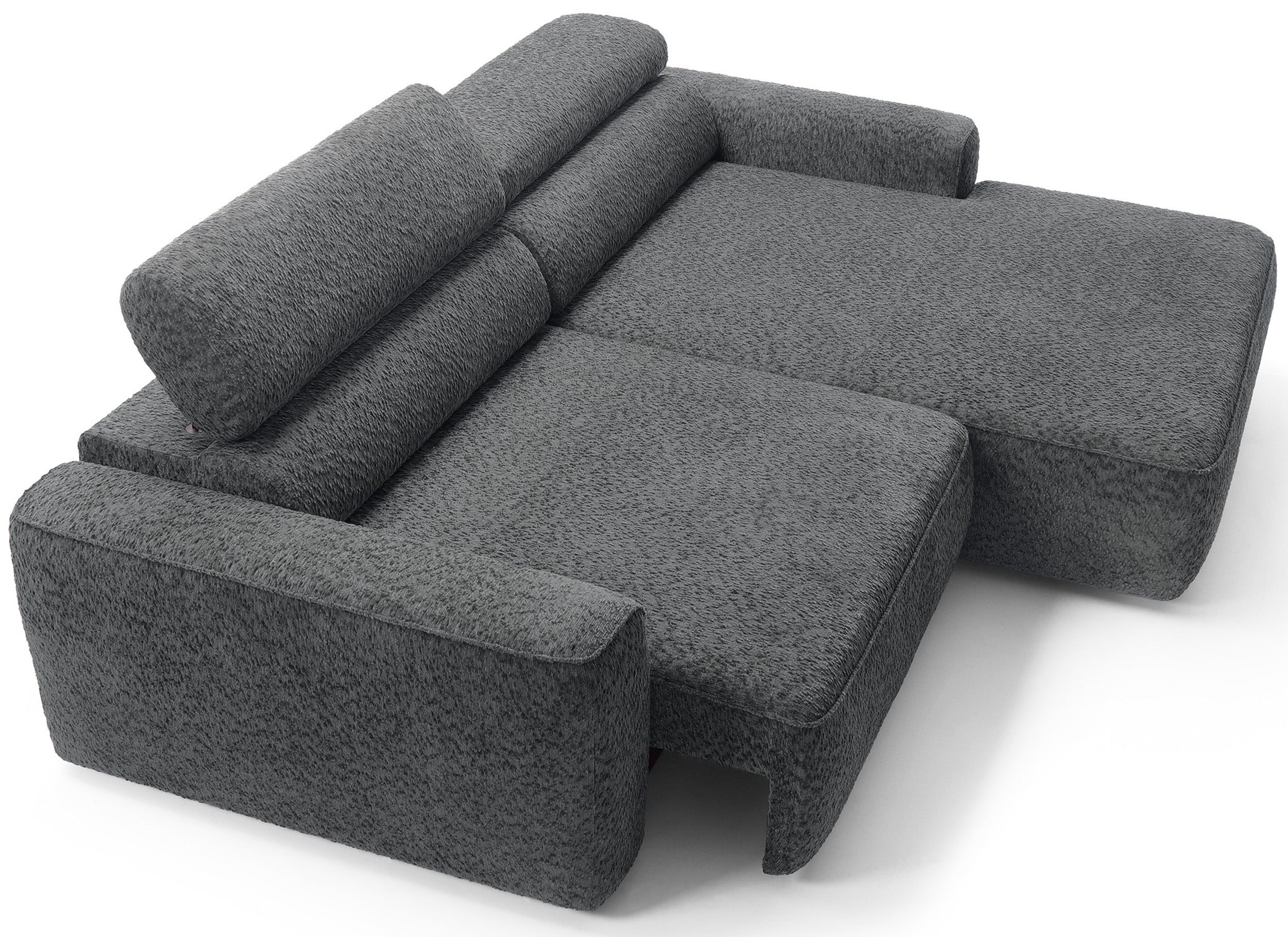 Ecksofa Fando mit elektrisch ausziehbarer Sitzfläche, L-förmig, rechtsseitig, dunkelgrauer Chenille-Stoff
