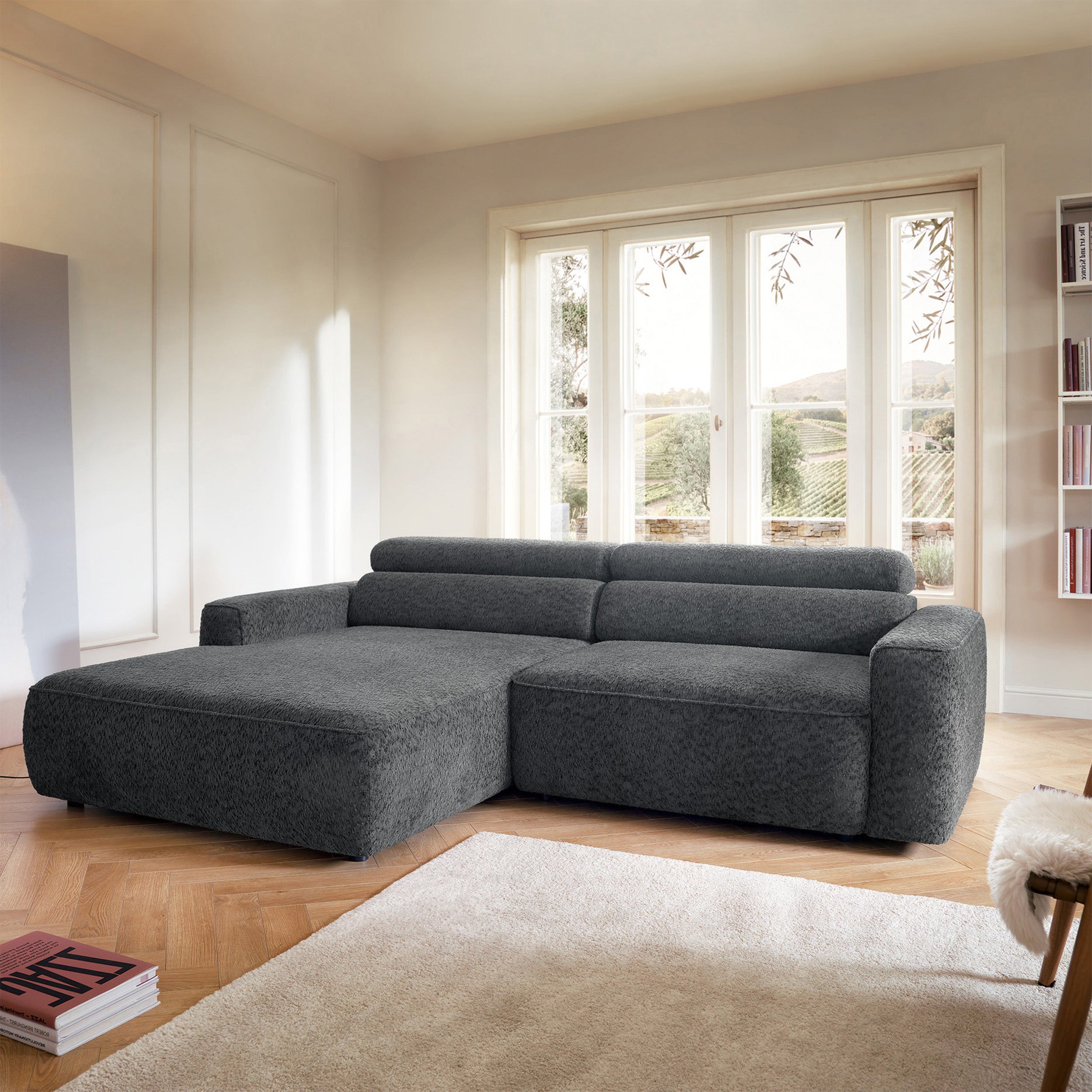 Ecksofa Fando mit elektrisch ausziehbarem Sitz, L-förmig, linke Seite, dunkelgrauer Chenille-Bezug