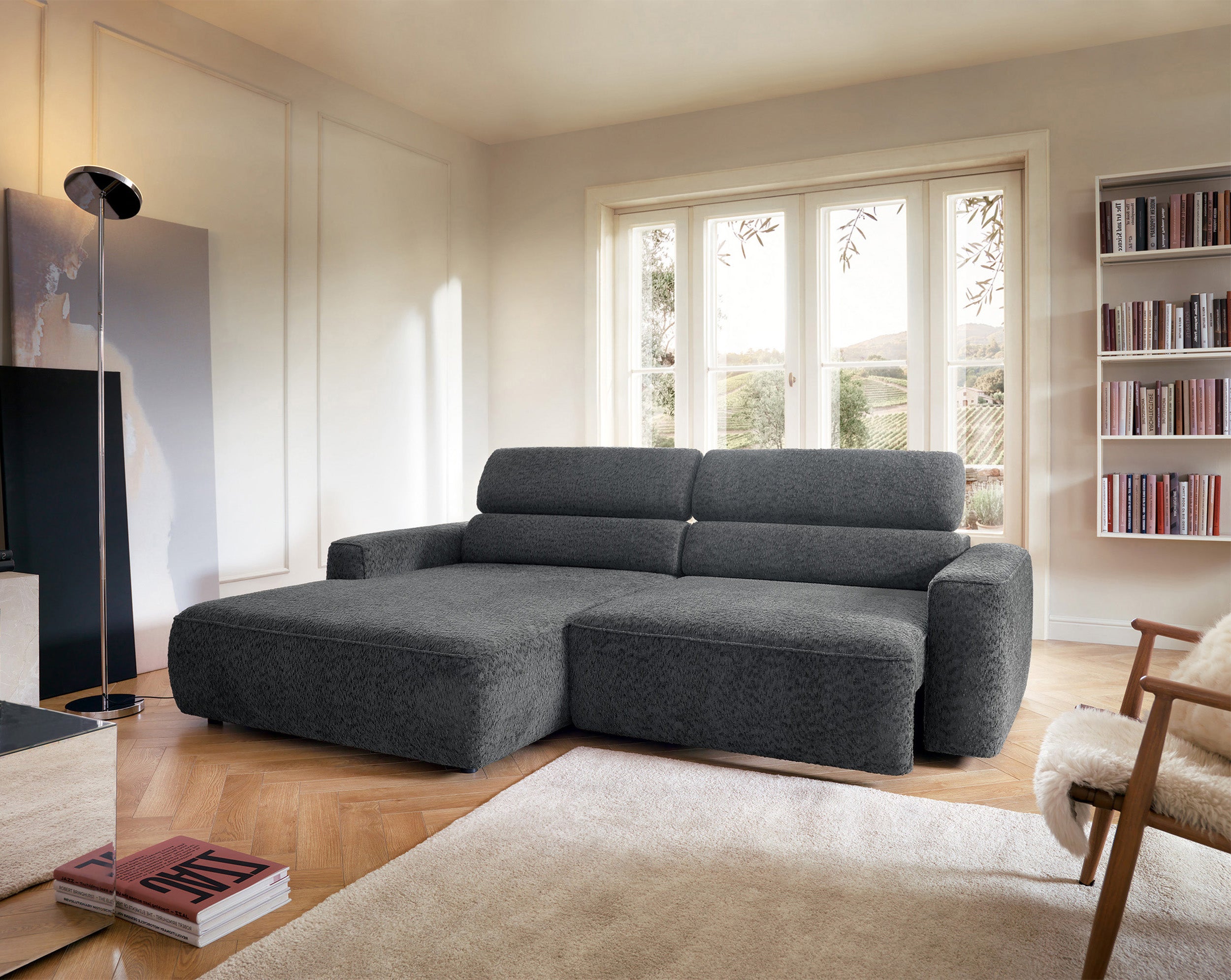 Ecksofa Fando mit elektrisch ausziehbarem Sitz, L-förmig, linke Seite, dunkelgrauer Chenille-Bezug