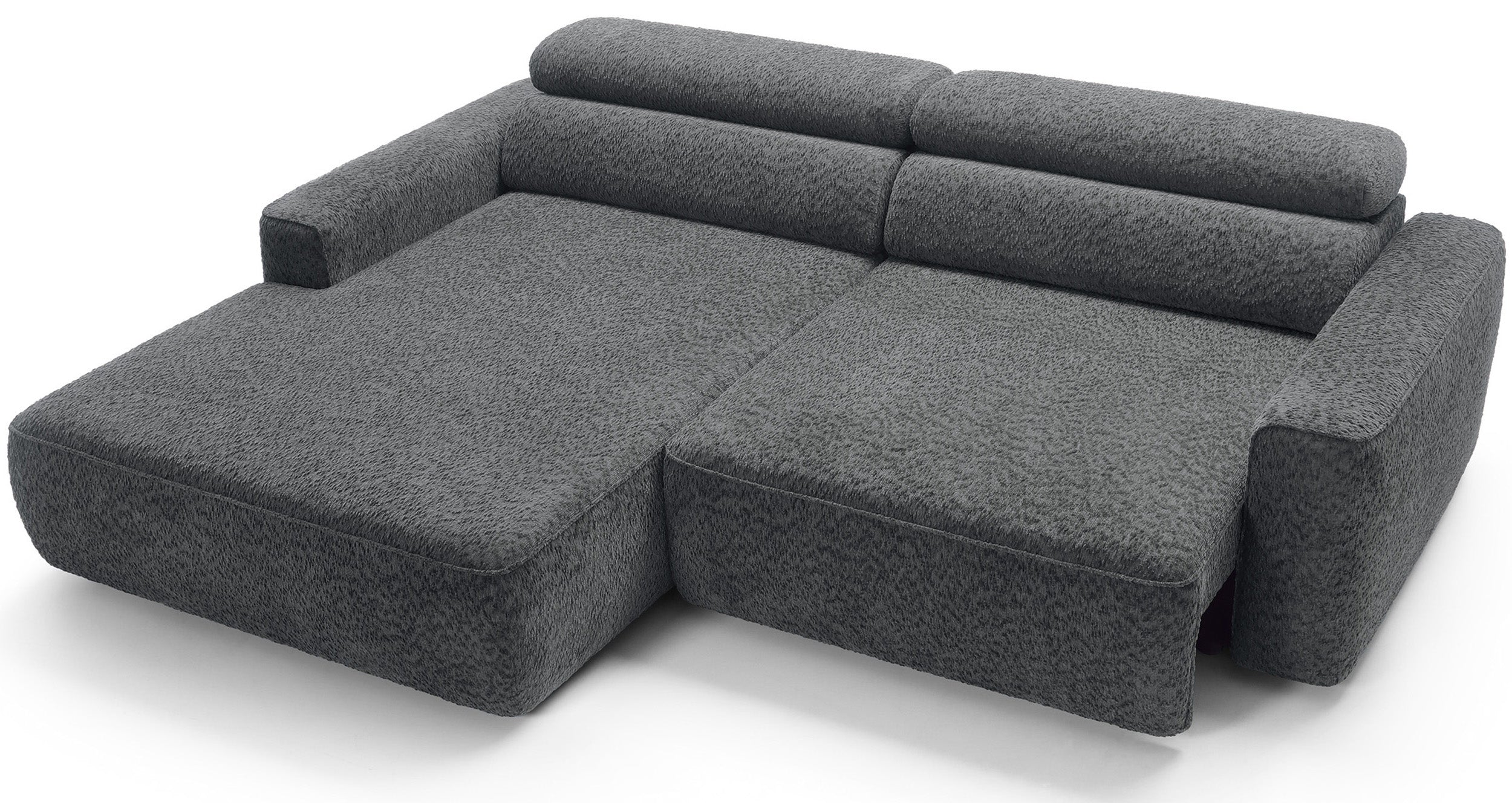 Ecksofa Fando mit elektrisch ausziehbarem Sitz, L-förmig, linke Seite, dunkelgrauer Chenille-Bezug