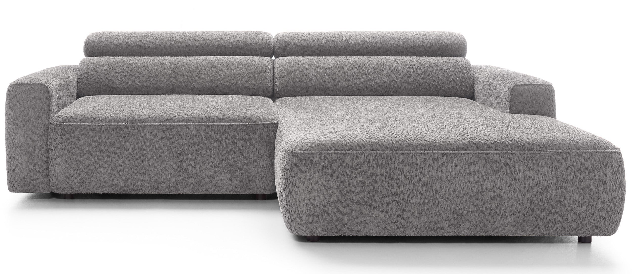 Ecksofa Fando mit elektrisch ausziehbarer Sitzfläche, L-förmig, rechtsseitig, hellgrauer Chenille-Stoff