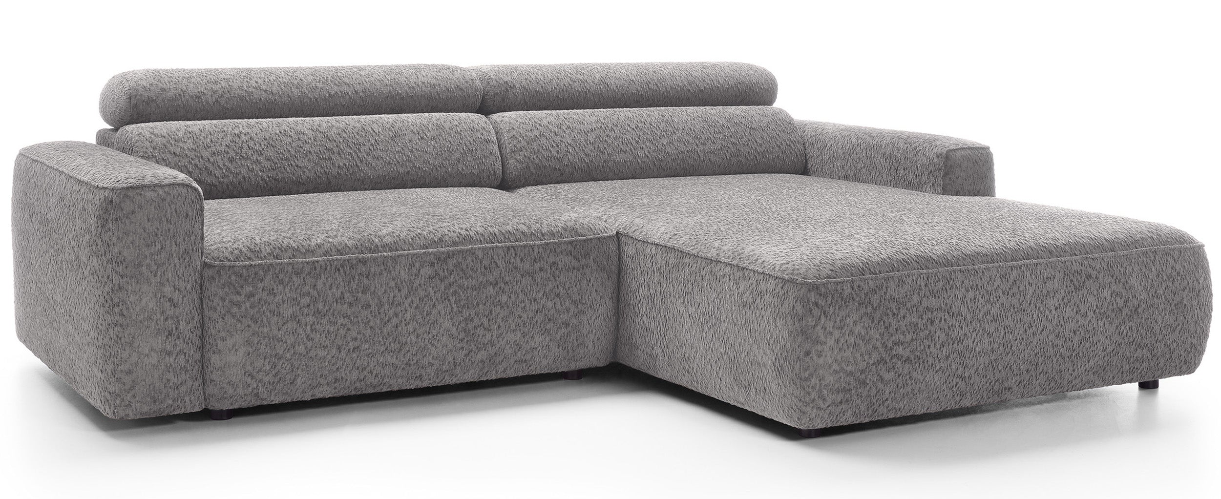 Ecksofa Fando mit elektrisch ausziehbarer Sitzfläche, L-förmig, rechtsseitig, hellgrauer Chenille-Stoff