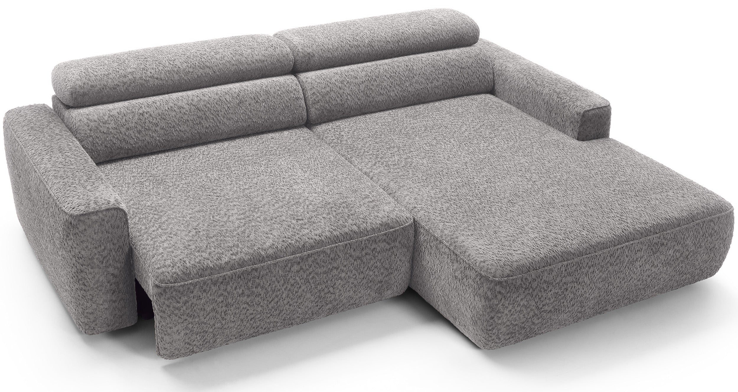 Ecksofa Fando mit elektrisch ausziehbarer Sitzfläche, L-förmig, rechtsseitig, hellgrauer Chenille-Stoff