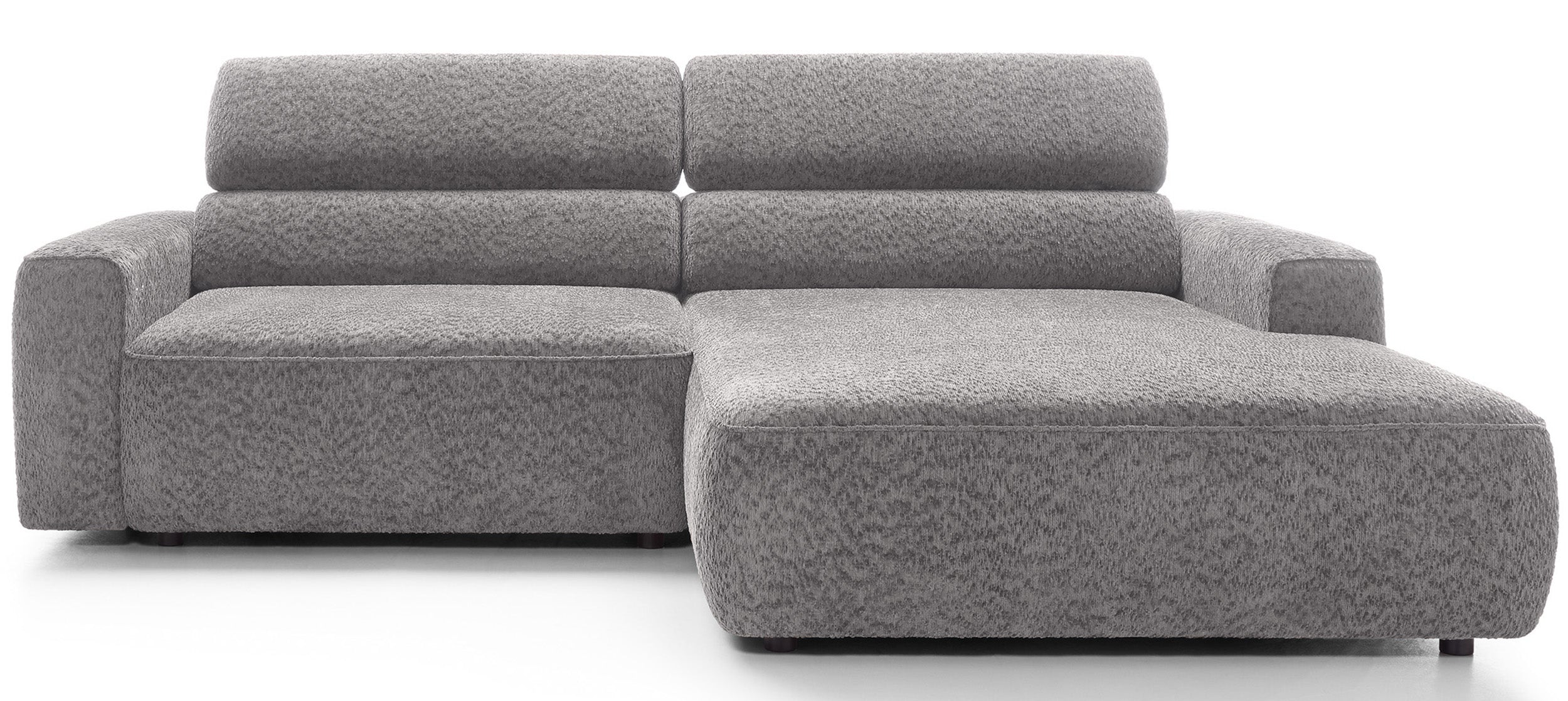 Ecksofa Fando mit elektrisch ausziehbarer Sitzfläche, L-förmig, rechtsseitig, hellgrauer Chenille-Stoff