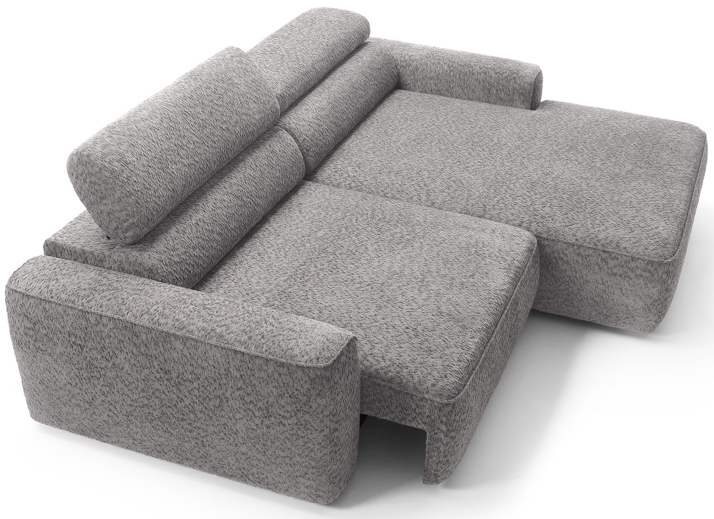 Ecksofa Fando mit elektrisch ausziehbarer Sitzfläche, L-förmig, rechtsseitig, hellgrauer Chenille-Stoff