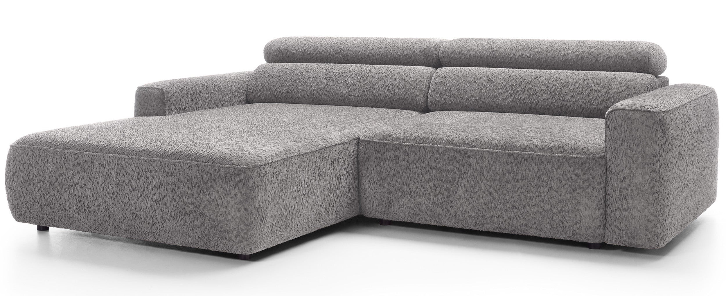 Ecksofa Fando mit elektrisch ausziehbarem Sitz, L-förmig, linksseitig, hellgrauer Chenille-Stoff