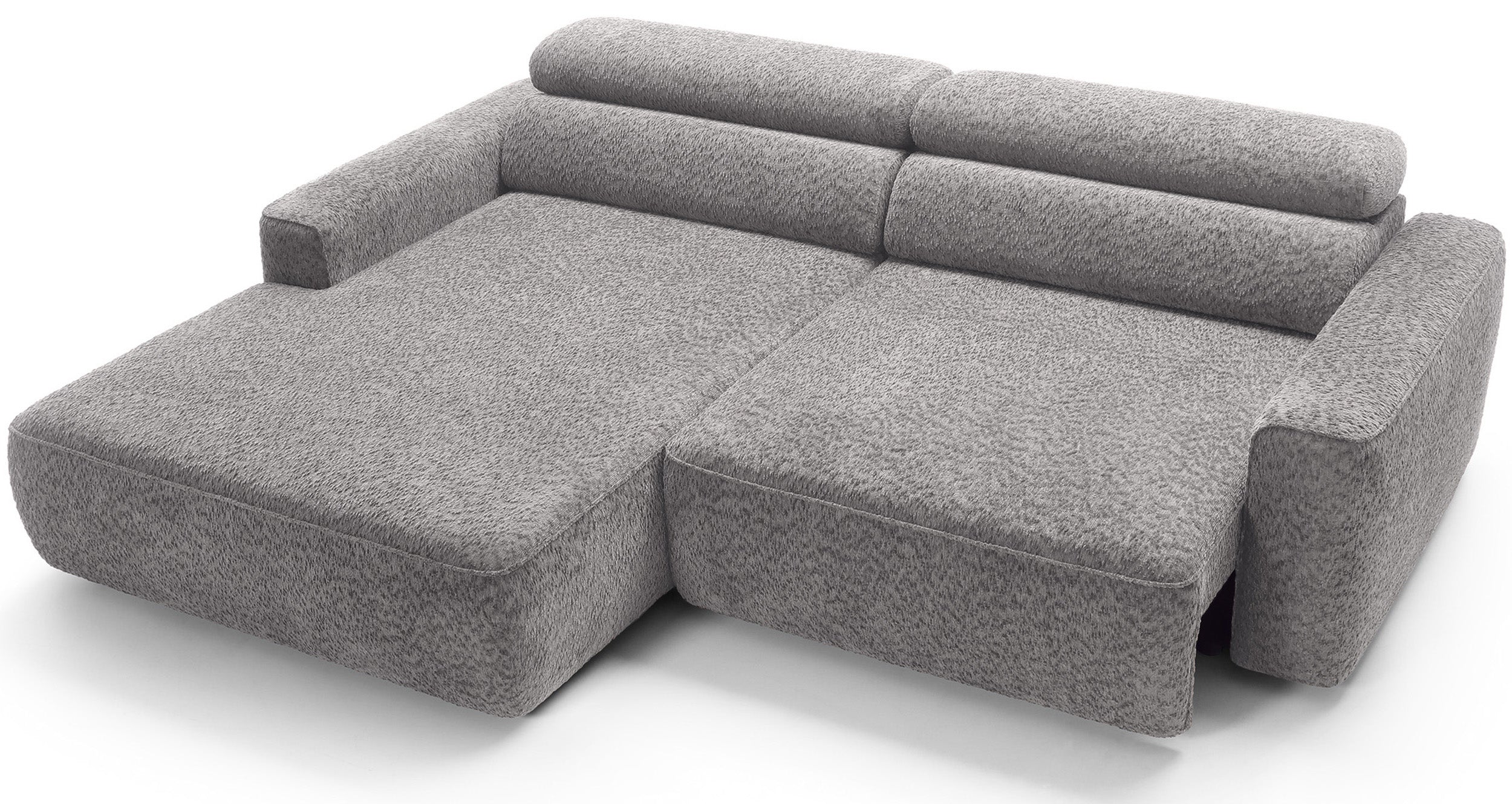 Ecksofa Fando mit elektrisch ausziehbarem Sitz, L-förmig, linksseitig, hellgrauer Chenille-Stoff