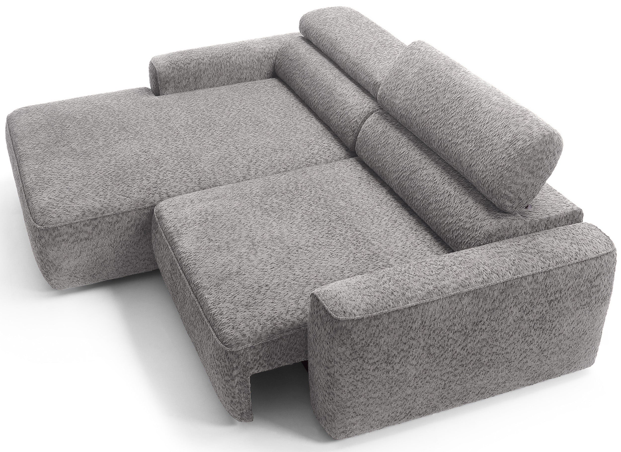 Ecksofa Fando mit elektrisch ausziehbarem Sitz, L-förmig, linksseitig, hellgrauer Chenille-Stoff