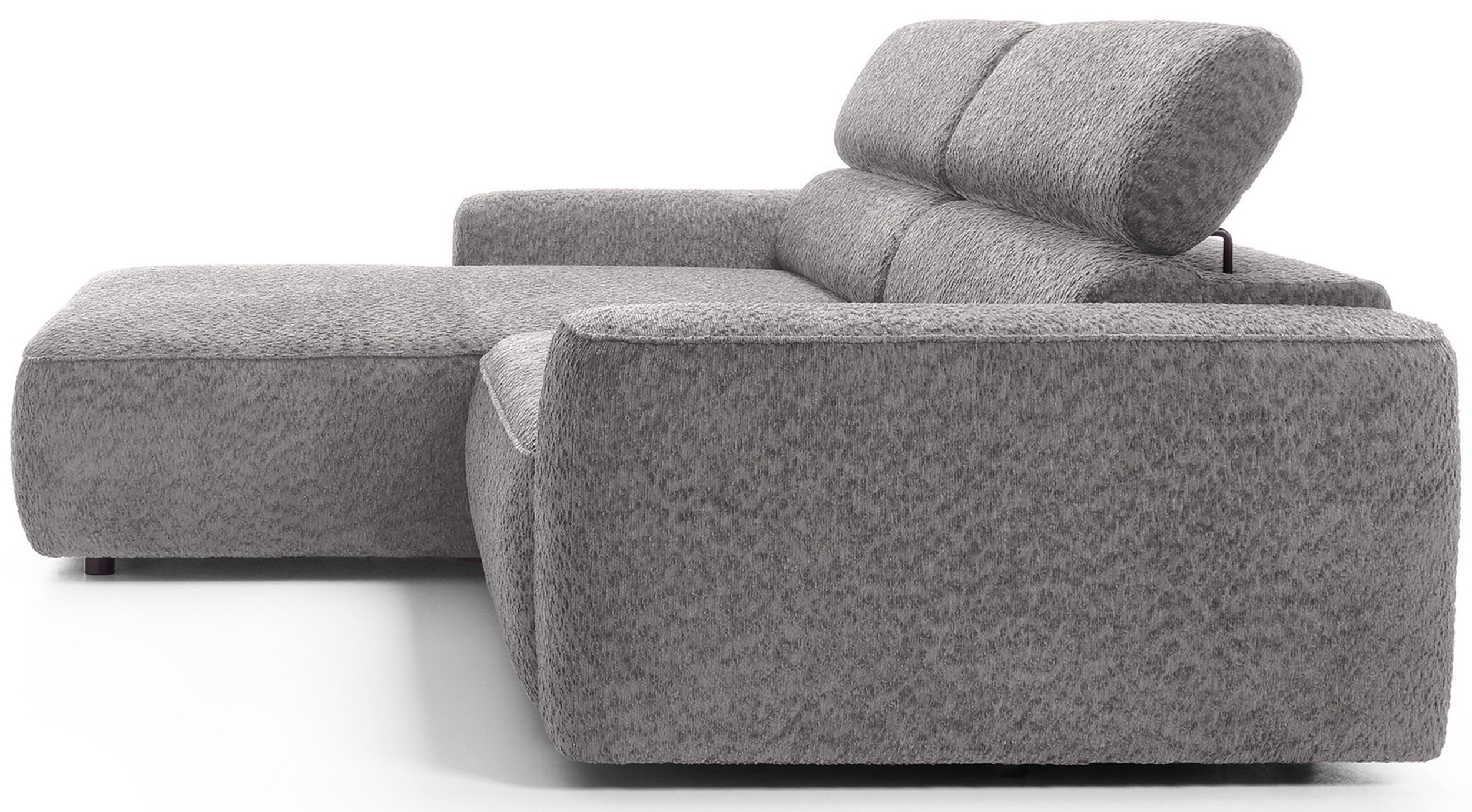 Ecksofa Fando mit elektrisch ausziehbarem Sitz, L-förmig, linksseitig, hellgrauer Chenille-Stoff