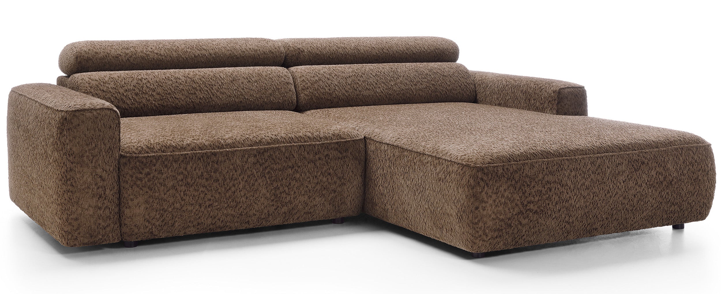 Ecksofa Fando mit elektrisch ausziehbarer Sitzfläche, L-förmig, rechtsseitig, brauner Chenille-Stoff