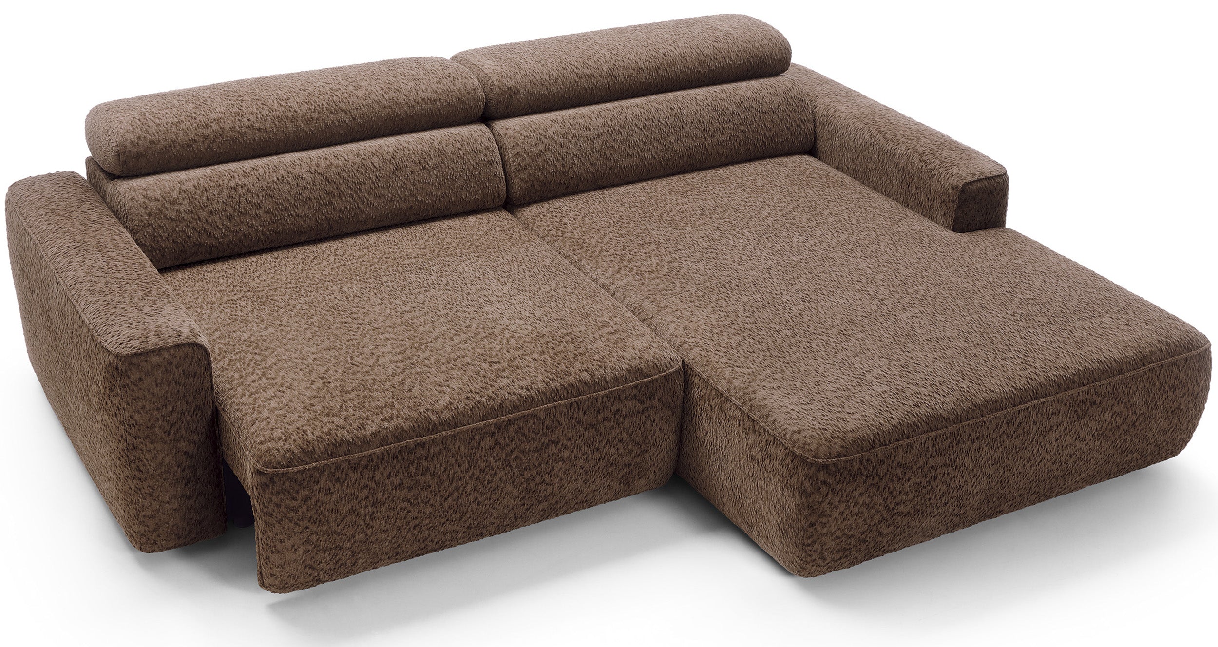 Ecksofa Fando mit elektrisch ausziehbarer Sitzfläche, L-förmig, rechtsseitig, brauner Chenille-Stoff