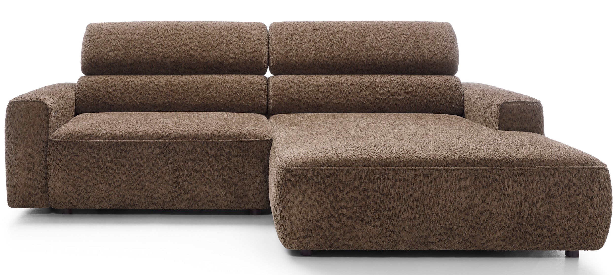 Ecksofa Fando mit elektrisch ausziehbarer Sitzfläche, L-förmig, rechtsseitig, brauner Chenille-Stoff