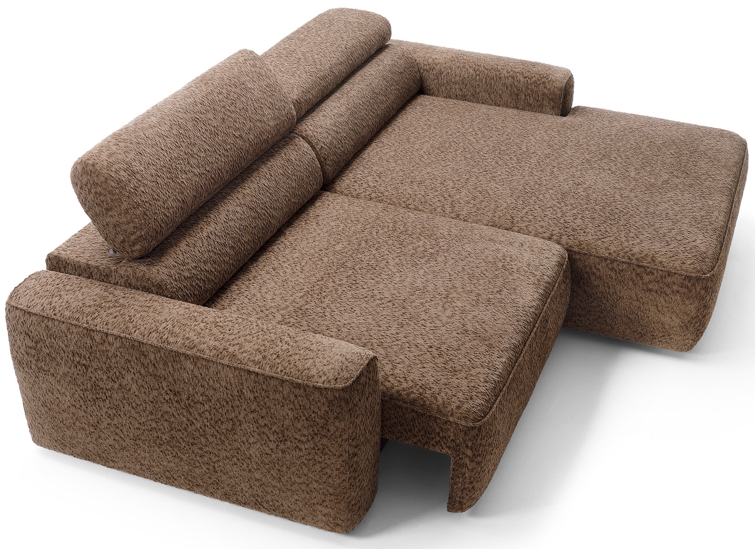 Ecksofa Fando mit elektrisch ausziehbarer Sitzfläche, L-förmig, rechtsseitig, brauner Chenille-Stoff