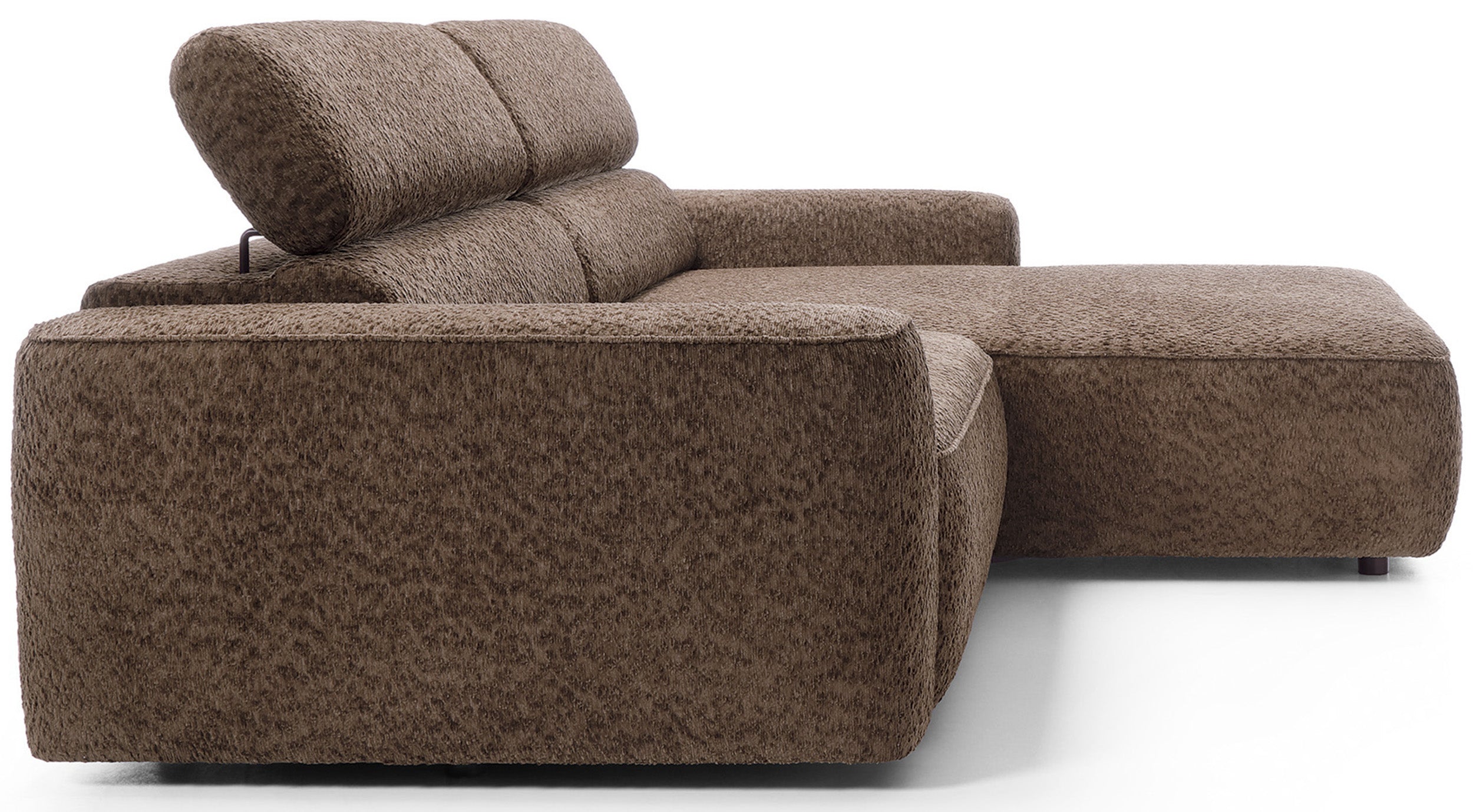 Ecksofa Fando mit elektrisch ausziehbarer Sitzfläche, L-förmig, rechtsseitig, brauner Chenille-Stoff