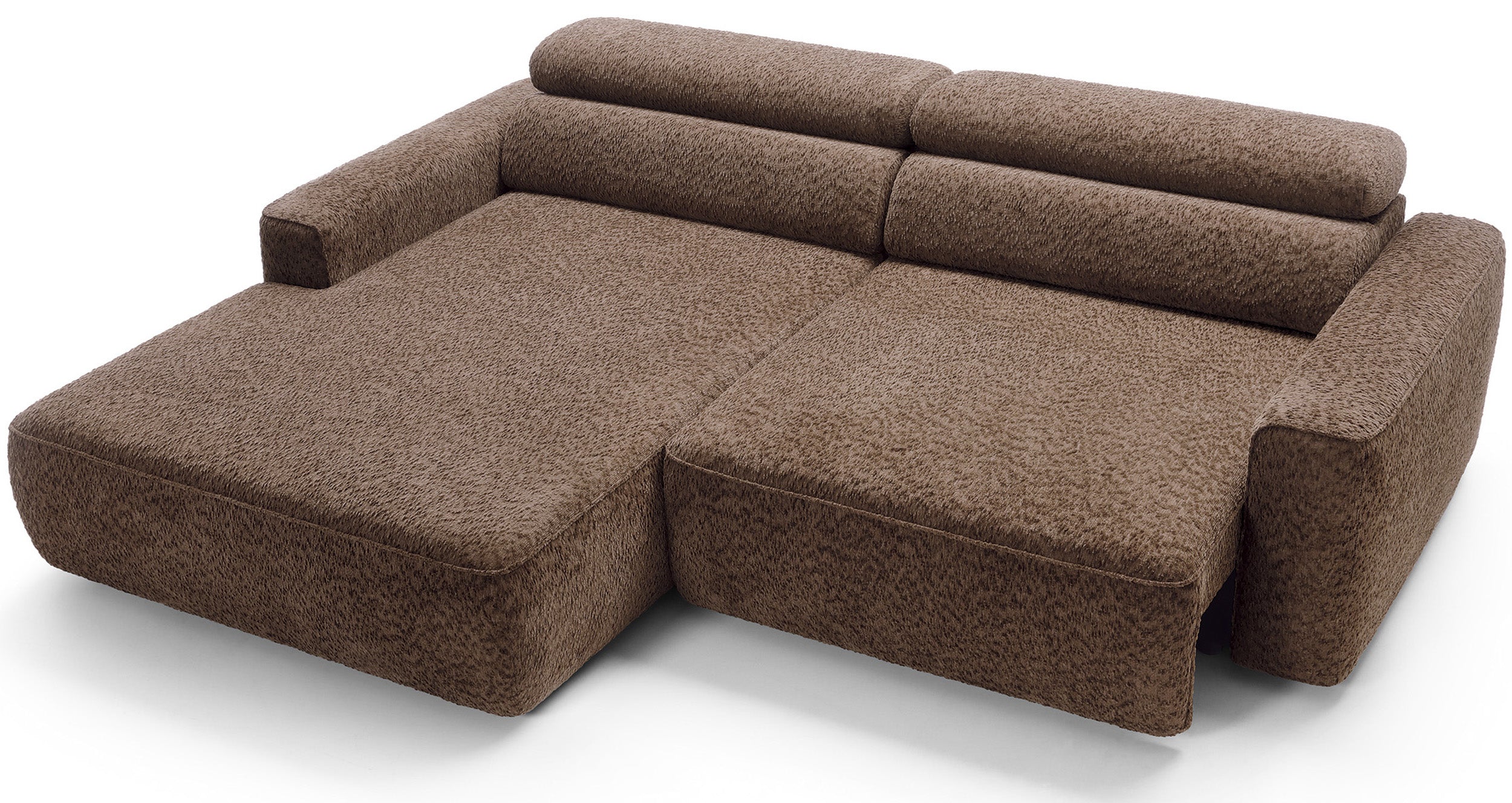 Ecksofa Fando mit elektrisch ausziehbarem Sitz, L-förmig, linksseitig, brauner Chenille-Bezug