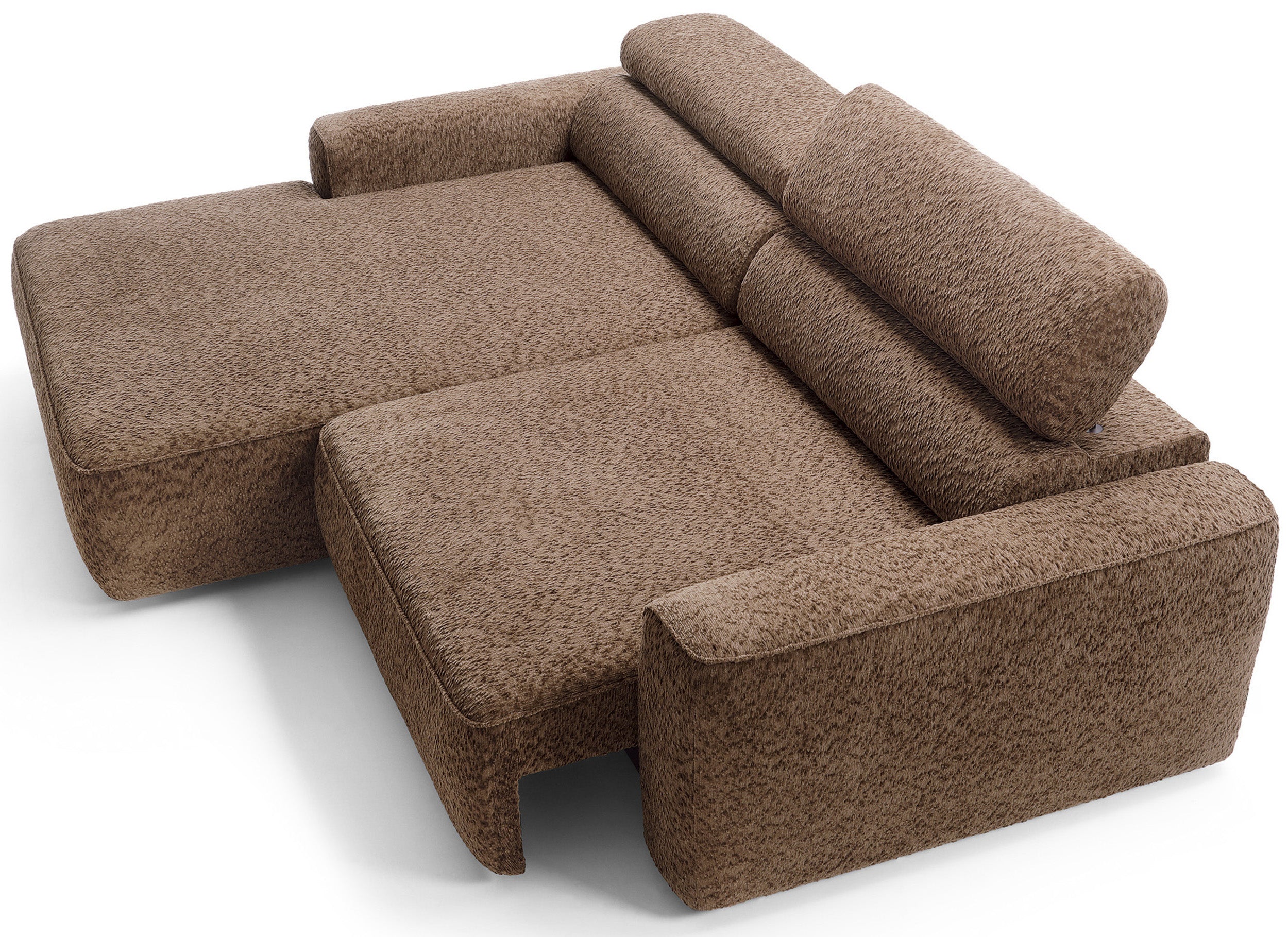 Ecksofa Fando mit elektrisch ausziehbarem Sitz, L-förmig, linksseitig, brauner Chenille-Bezug